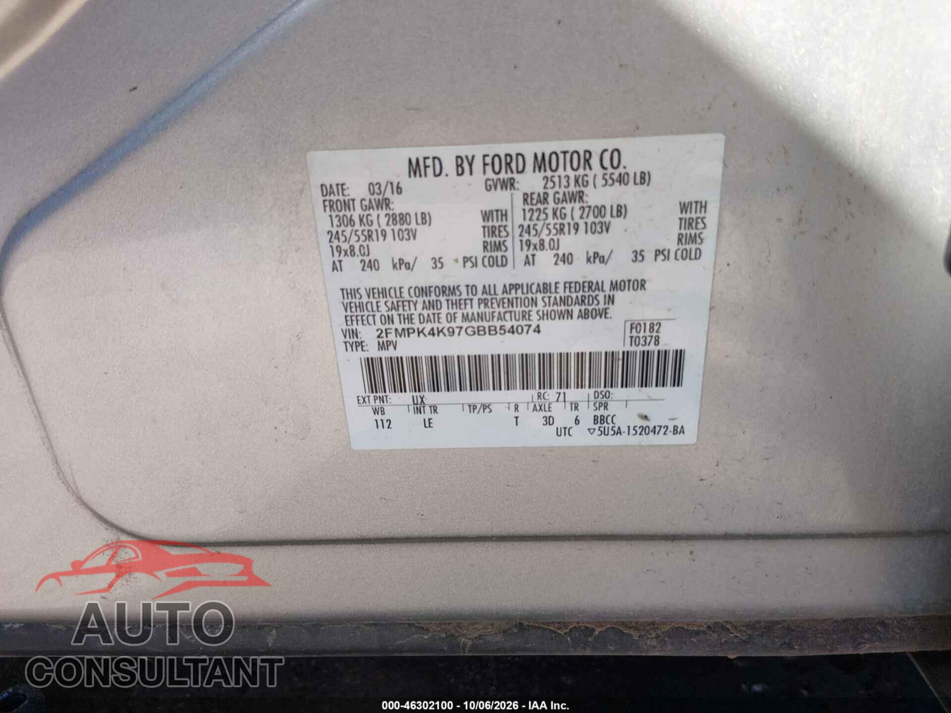 FORD EDGE 2016 - 2FMPK4K97GBB54074