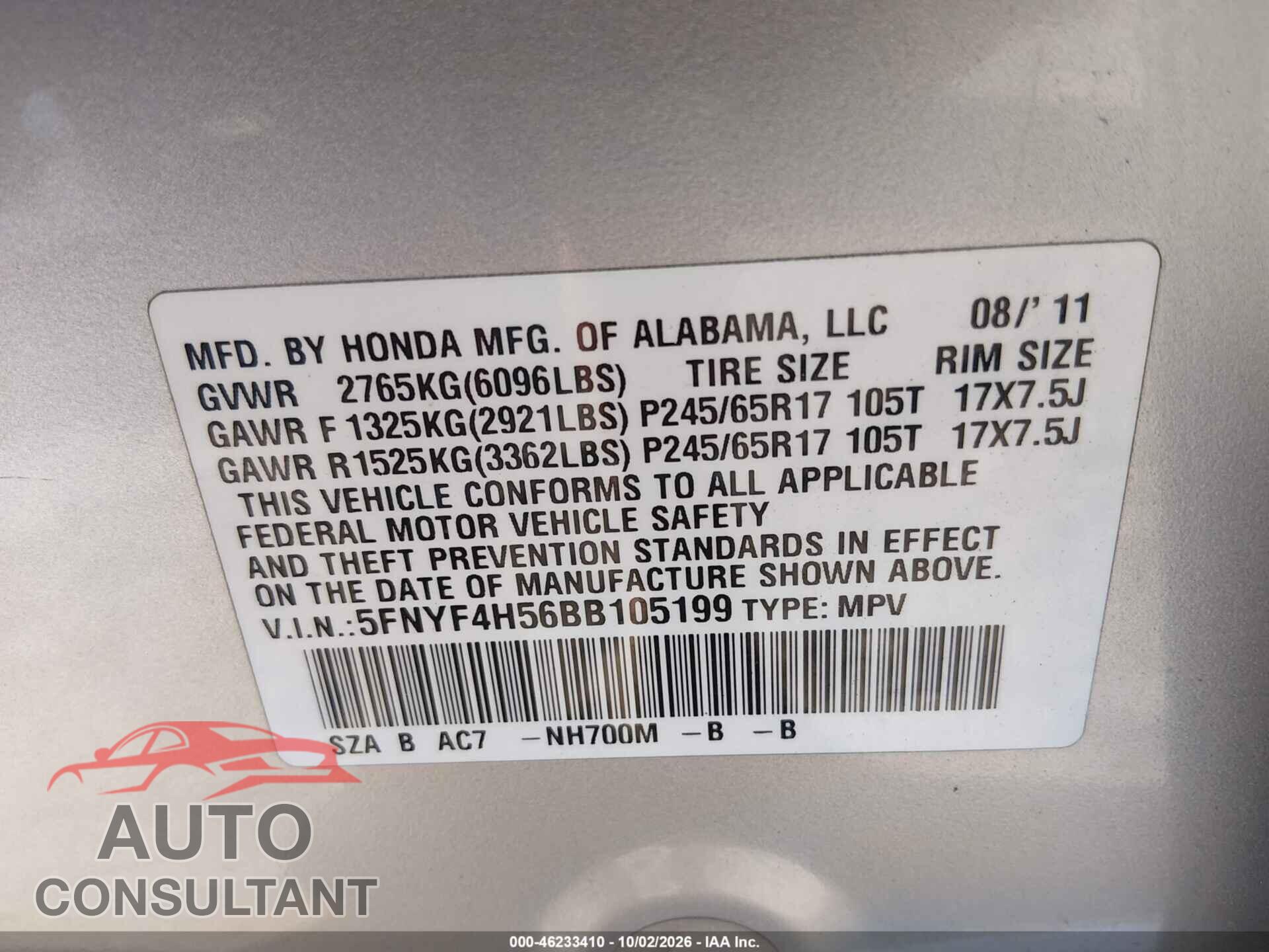 HONDA PILOT 2011 - 5FNYF4H56BB105199