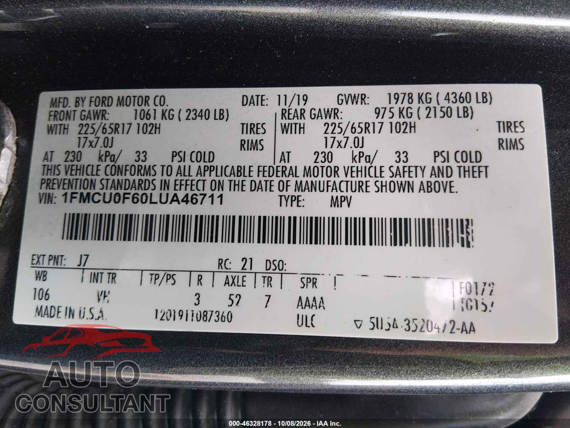 FORD ESCAPE 2020 - 1FMCU0F60LUA46711