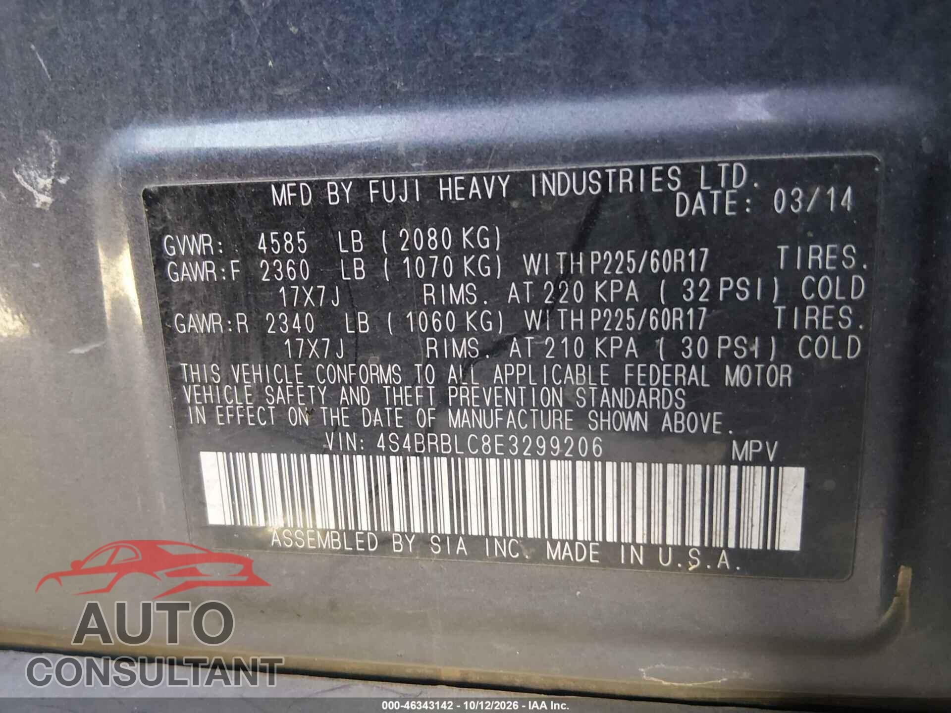 SUBARU OUTBACK 2014 - 4S4BRBLC8E3299206