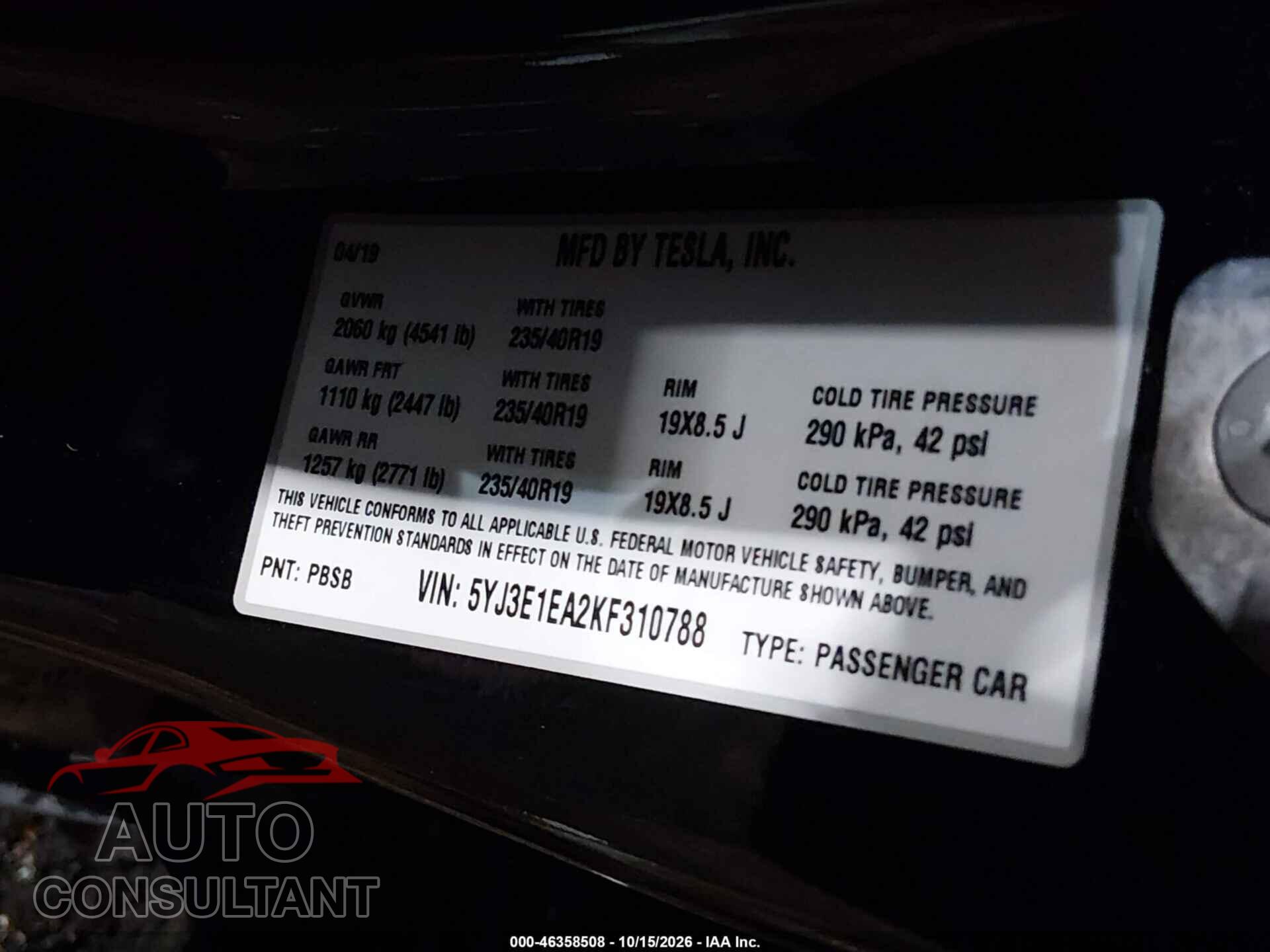 TESLA MODEL 3 2019 - 5YJ3E1EA2KF310788