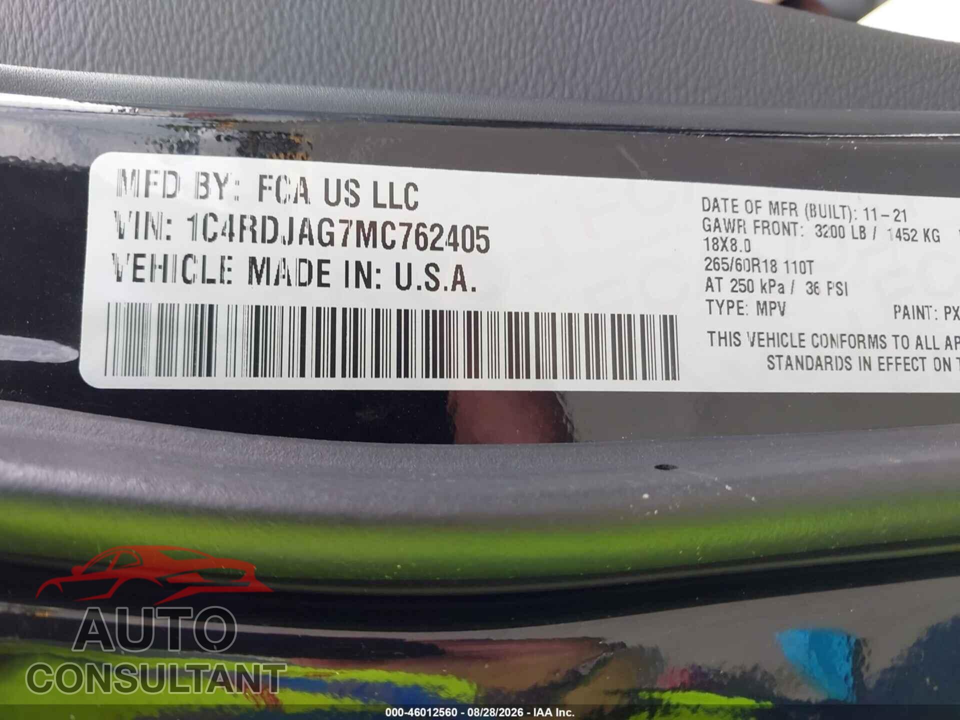 DODGE DURANGO 2021 - 1C4RDJAG7MC762405
