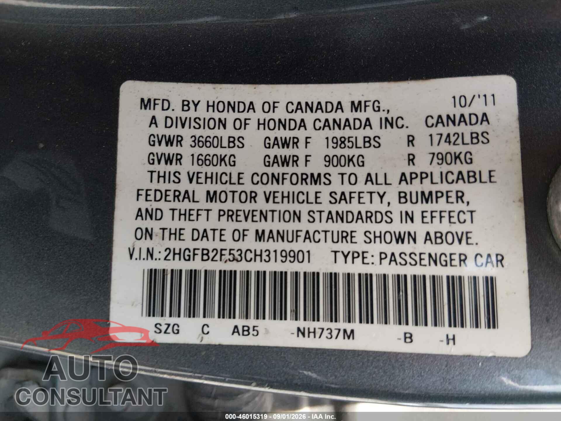 HONDA CIVIC 2012 - 2HGFB2F53CH319901