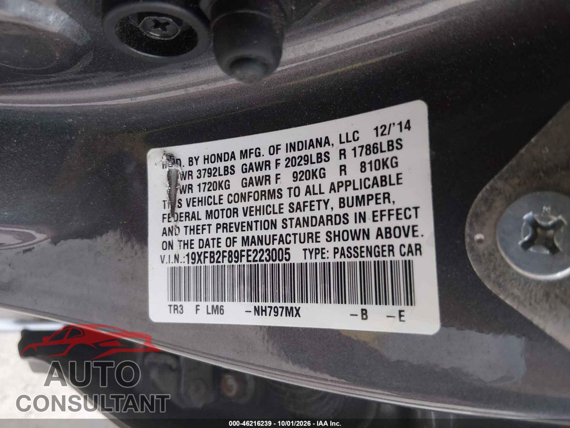 HONDA CIVIC 2015 - 19XFB2F89FE223005