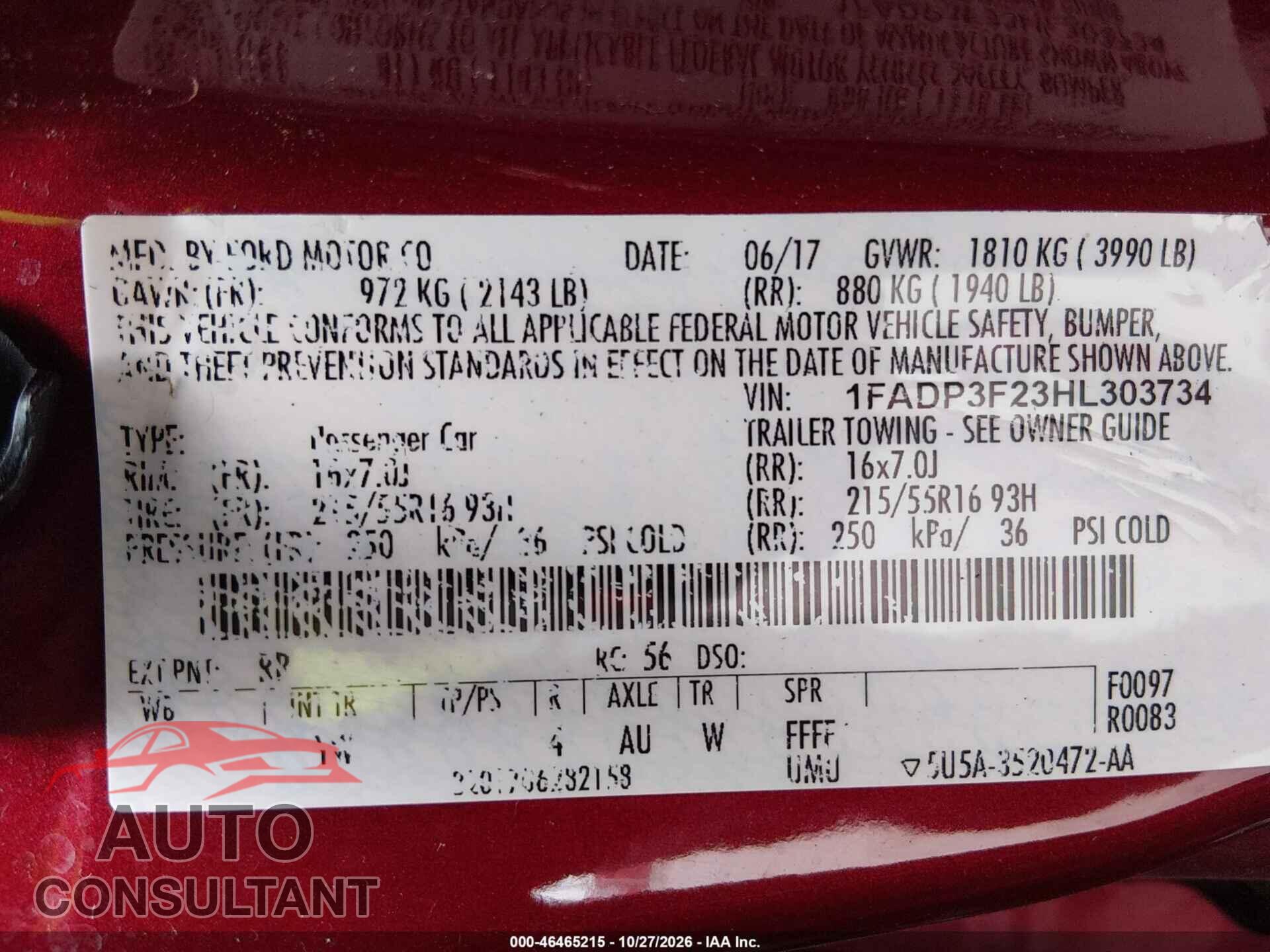 FORD FOCUS 2017 - 1FADP3F23HL303734