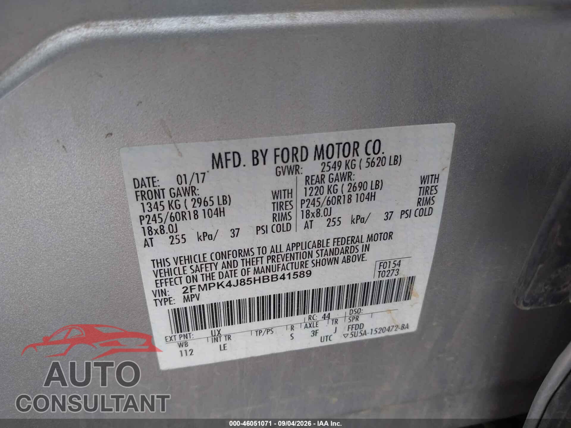 FORD EDGE 2017 - 2FMPK4J85HBB41589
