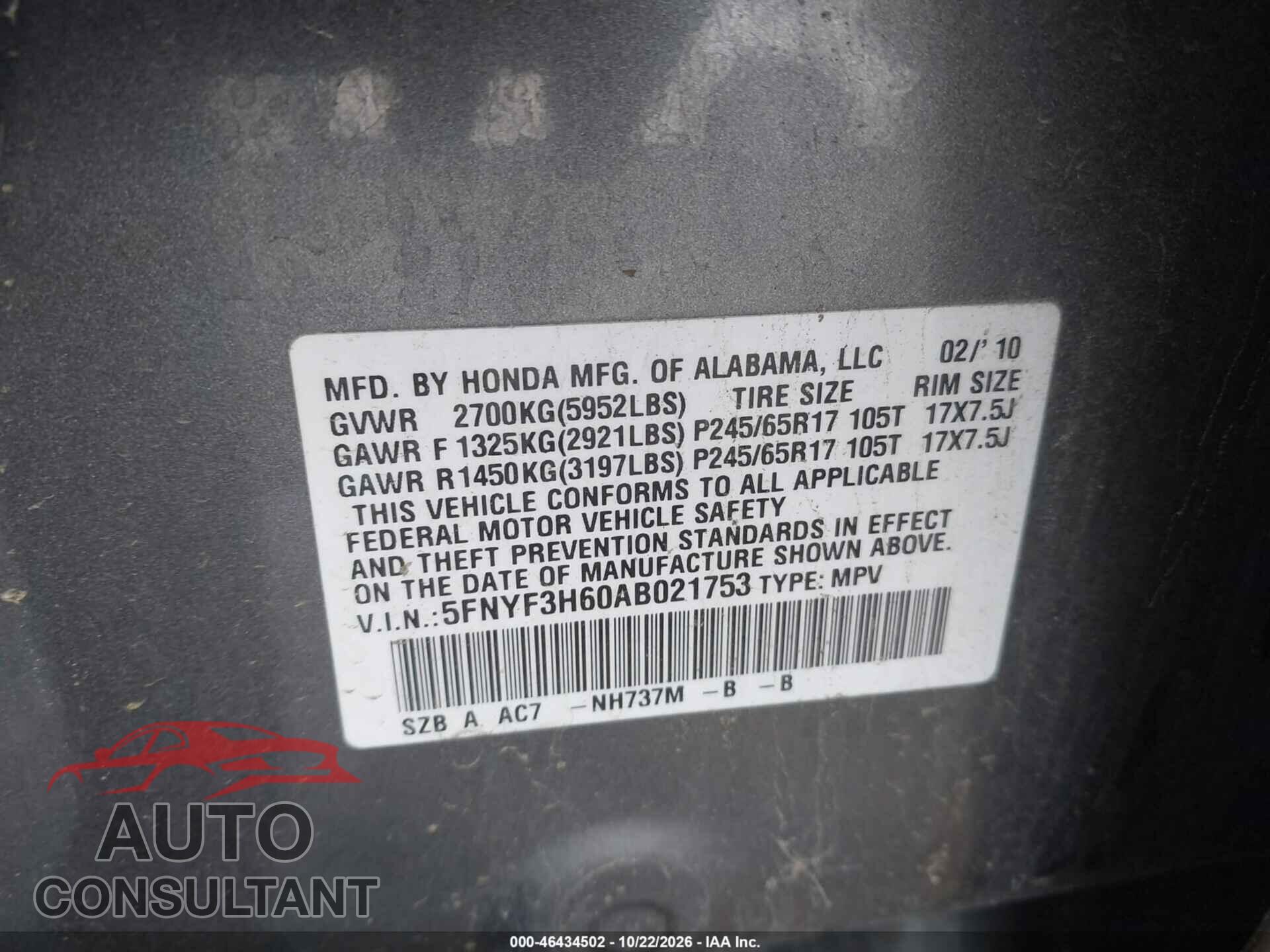 HONDA PILOT 2010 - 5FNYF3H60AB021753
