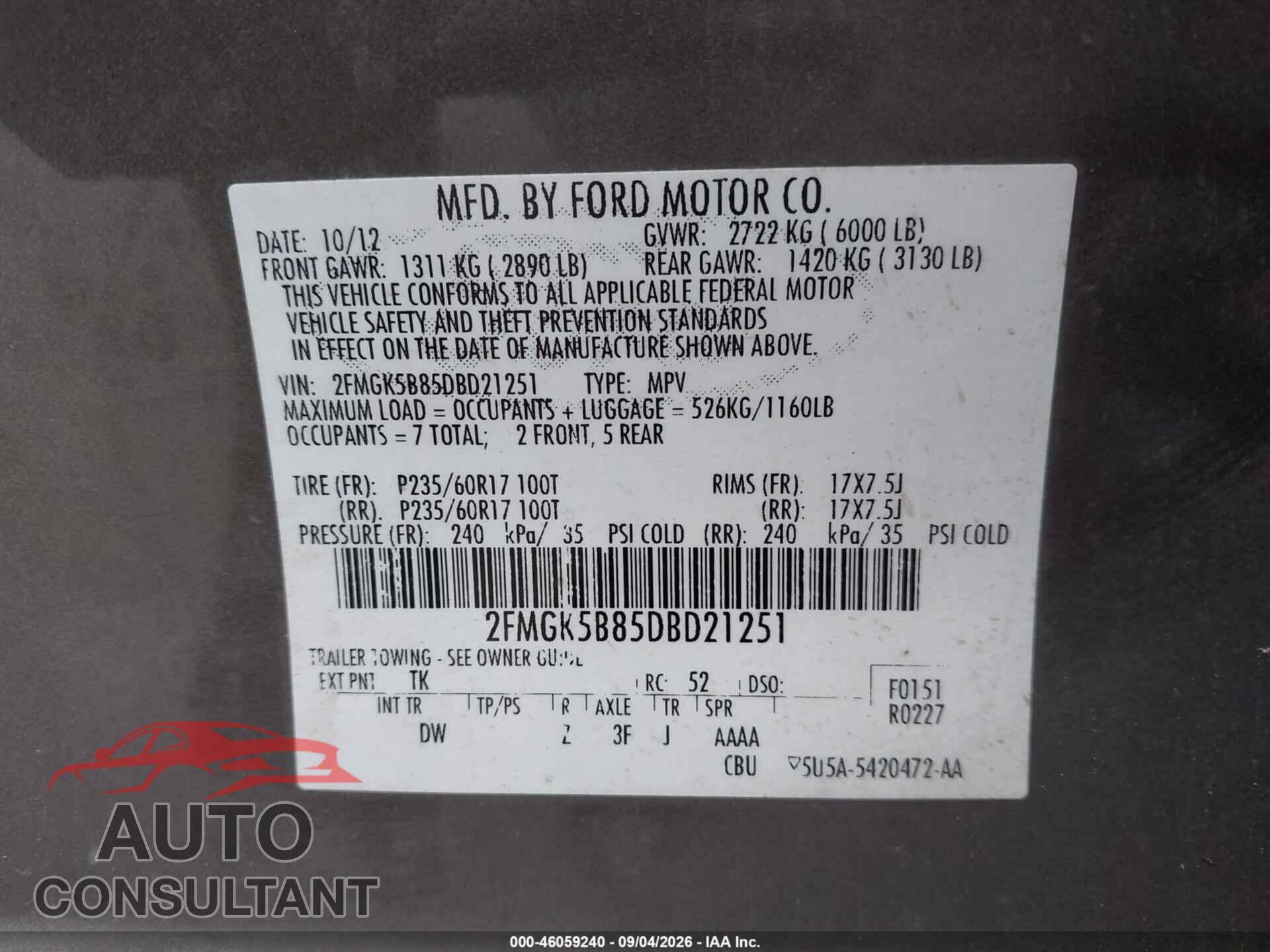 FORD FLEX 2013 - 2FMGK5B85DBD21251