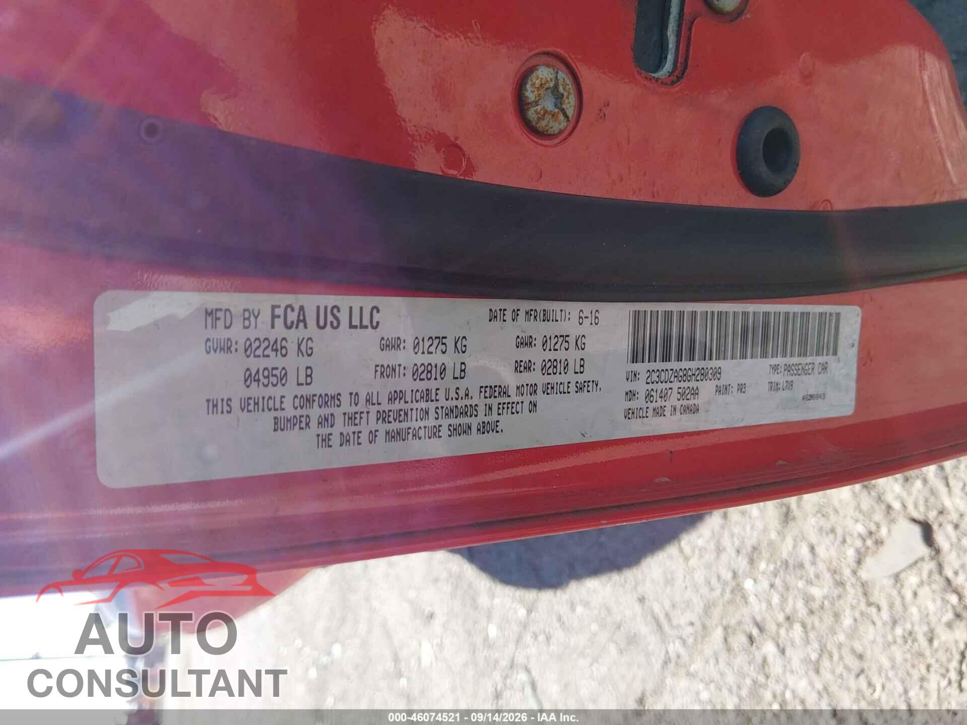 DODGE CHALLENGER 2016 - 2C3CDZAG8GH280309