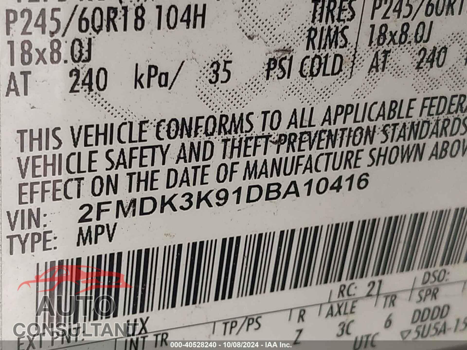 FORD EDGE 2013 - 2FMDK3K91DBA10416