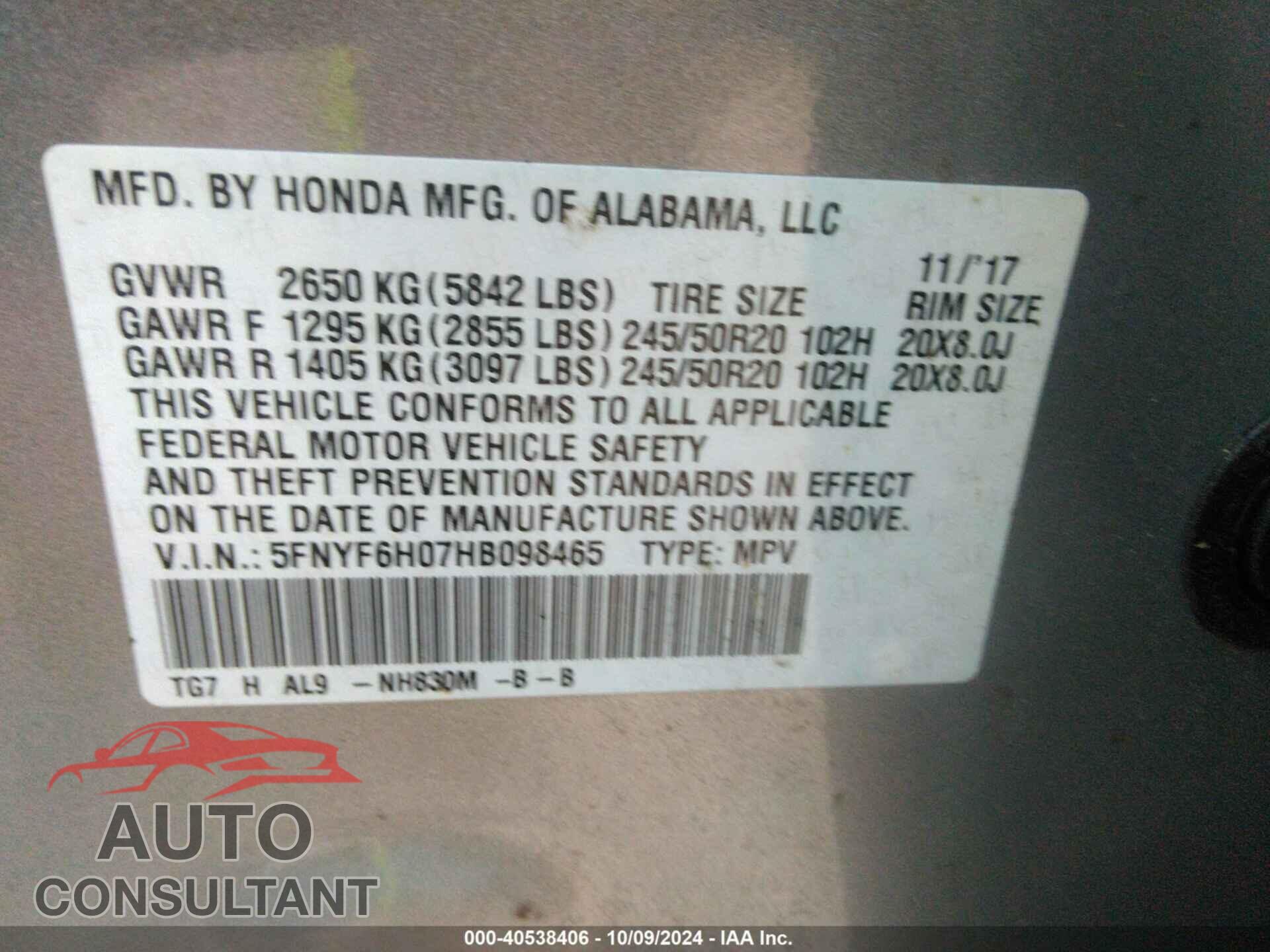 HONDA PILOT 2017 - 5FYNF6H07HB098465