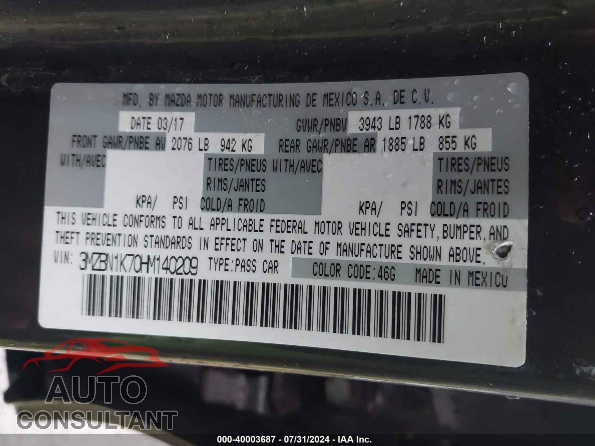 MAZDA MAZDA3 2017 - 3MZBN1K70HM140209