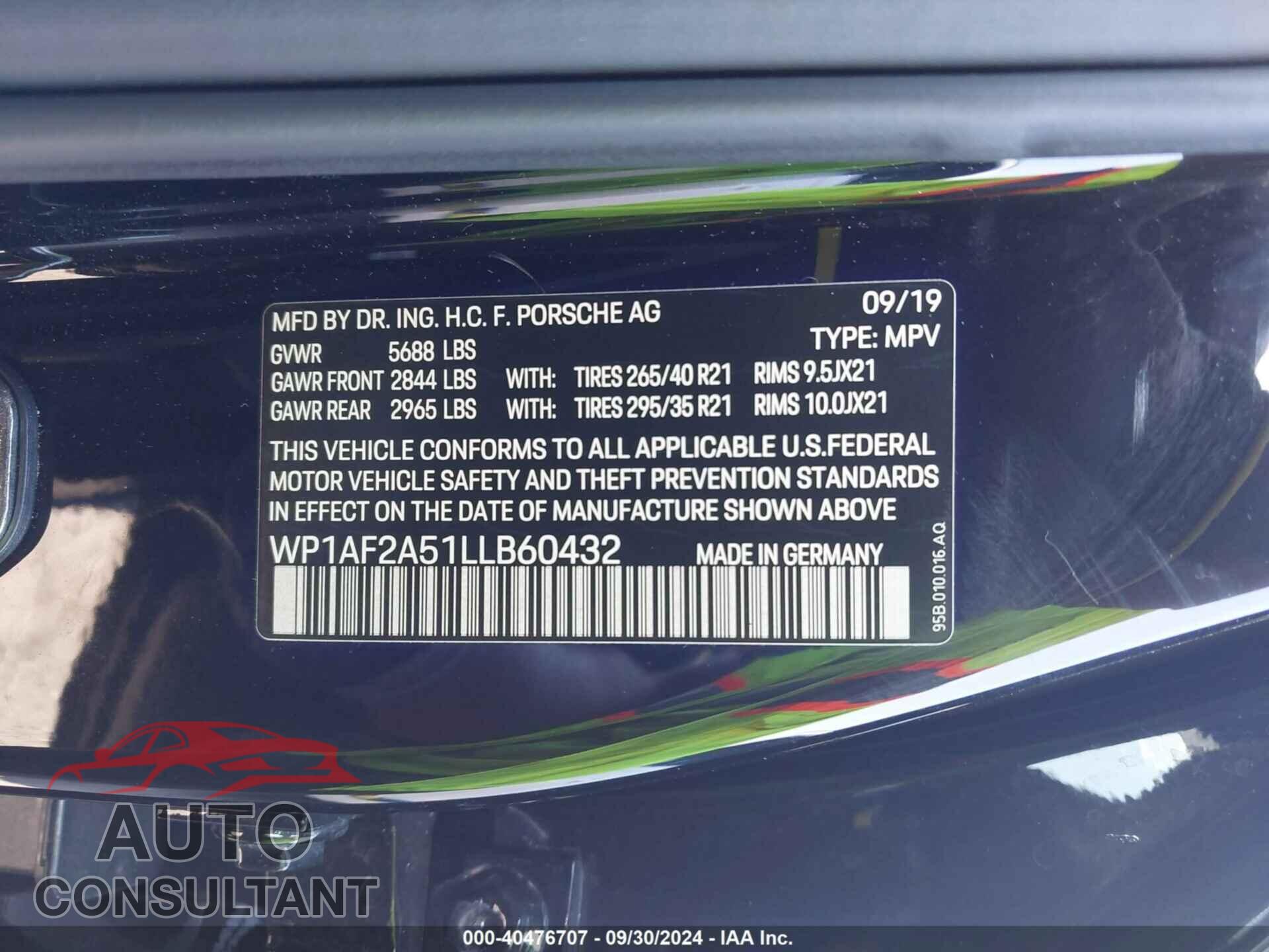 PORSCHE MACAN 2020 - WP1AF2A51LLB60432