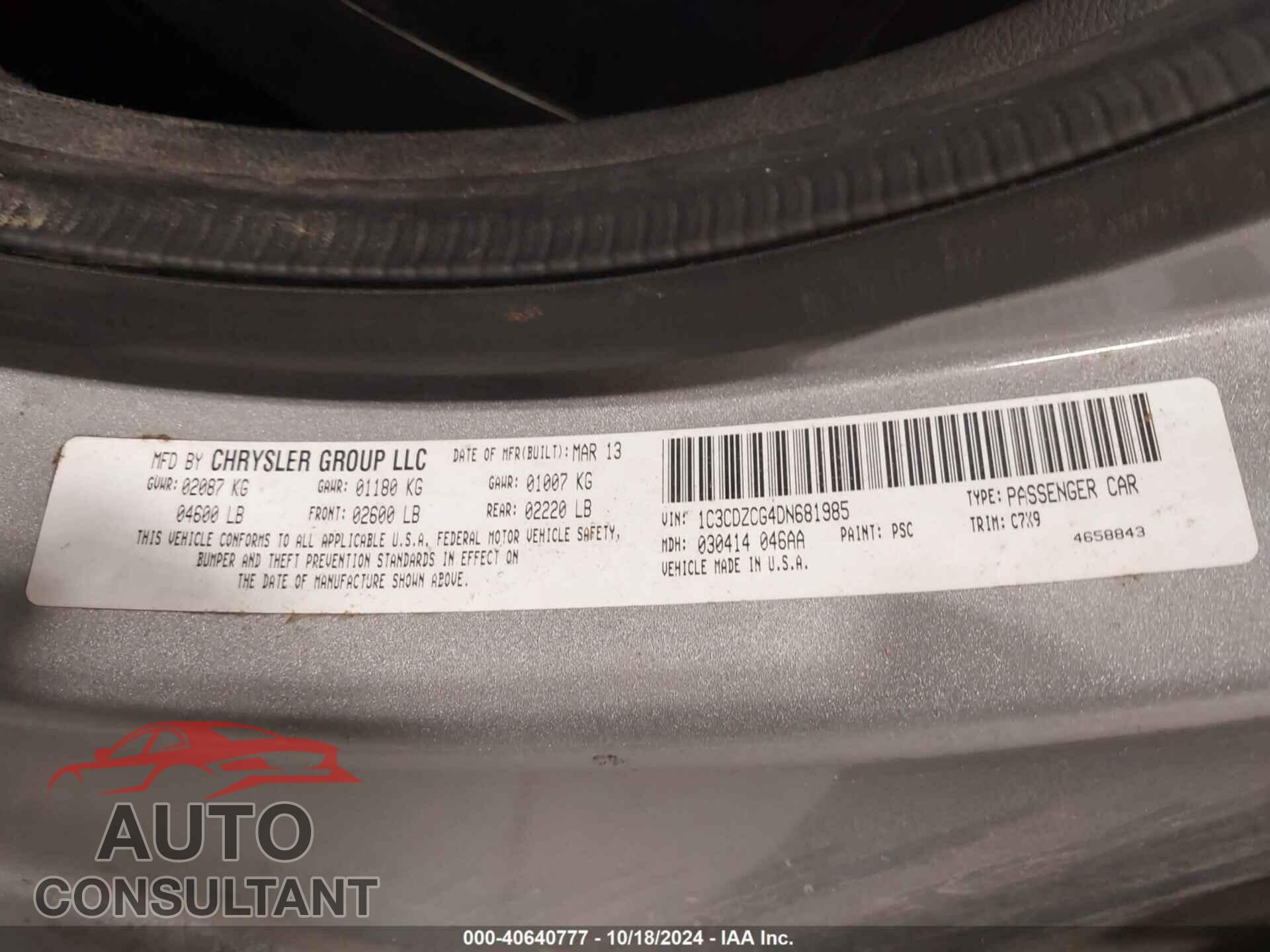 DODGE AVENGER 2013 - 1C3CDZCG4DN681985
