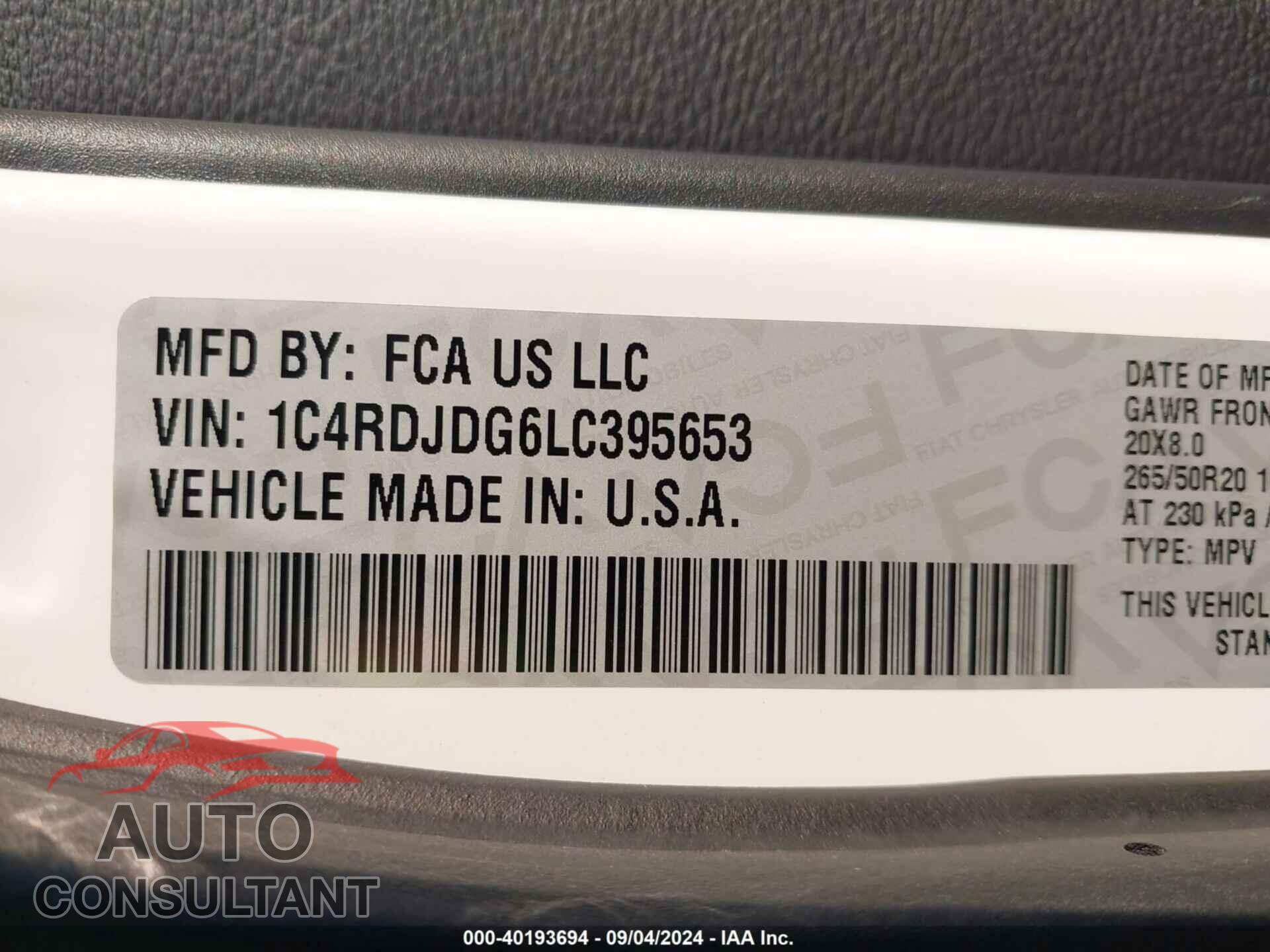 DODGE DURANGO 2020 - 1C4RDJDG6LC395653