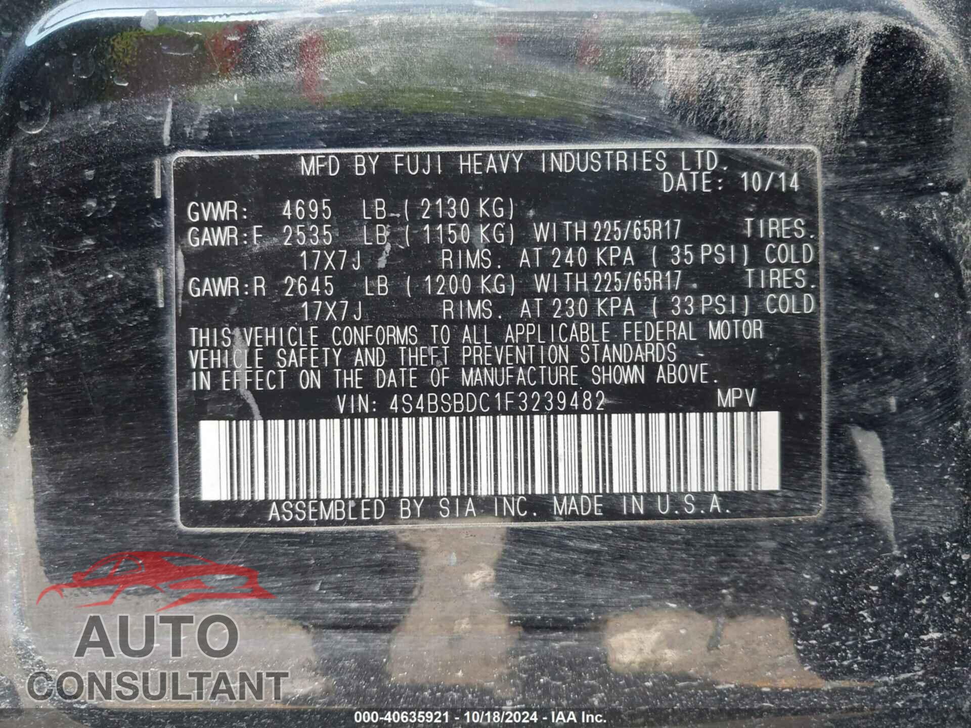 SUBARU OUTBACK 2015 - 4S4BSBDC1F3239482