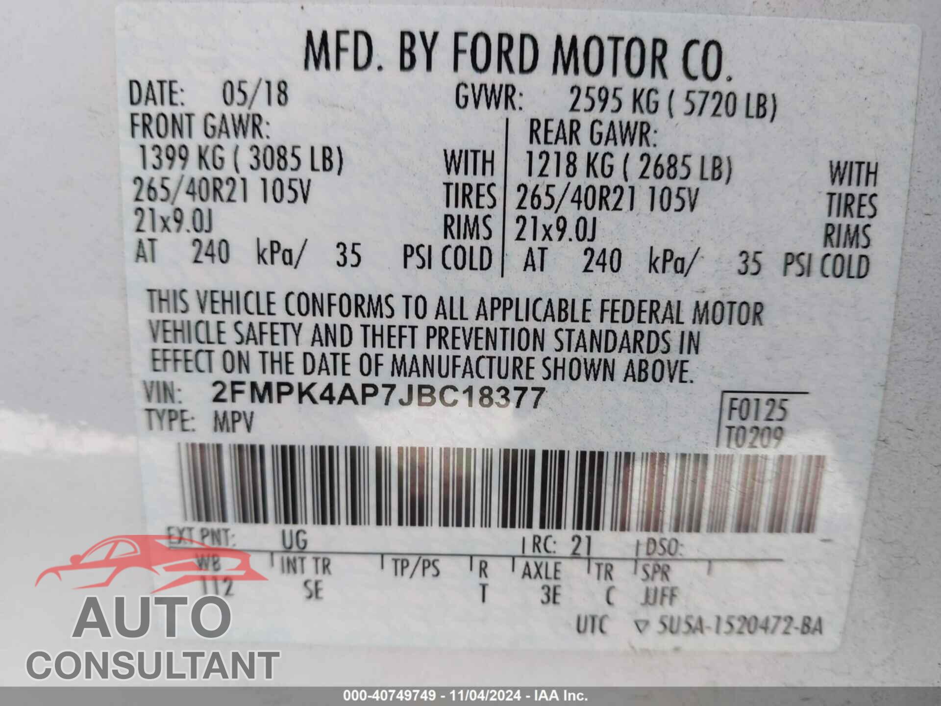 FORD EDGE 2018 - 2FMPK4AP7JBC18377