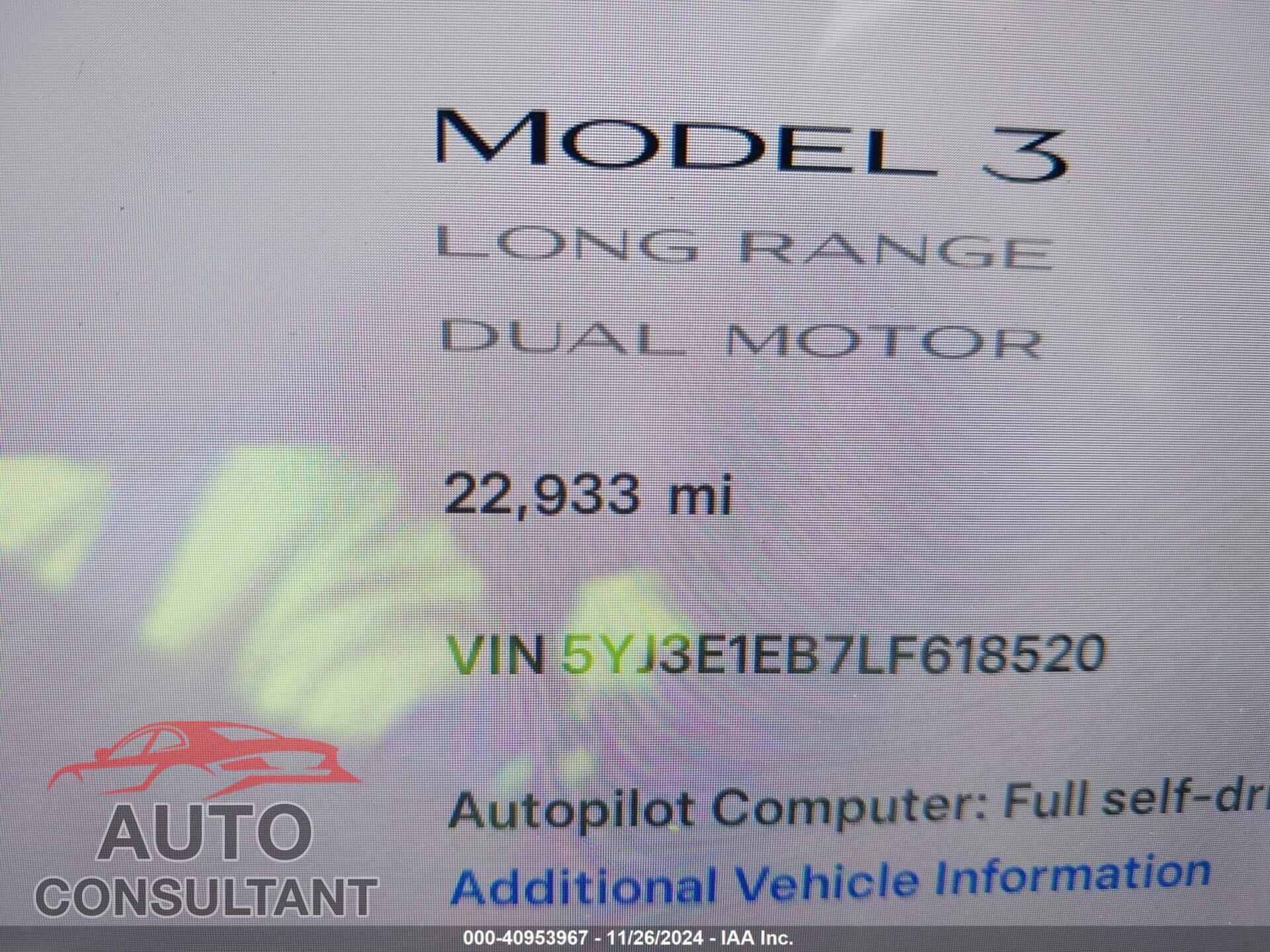 TESLA MODEL 3 2020 - 5YJ3E1EB7LF618520