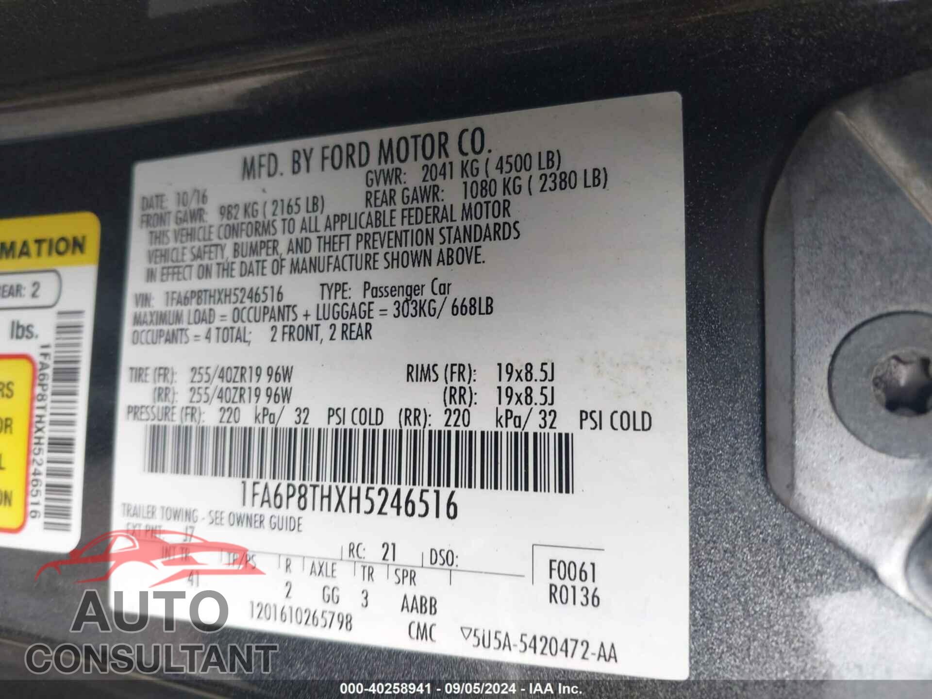 FORD MUSTANG 2017 - 1FA6P8THXH5246516