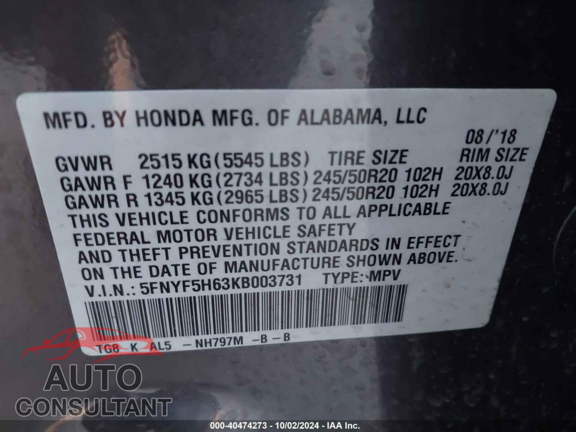 HONDA PILOT 2019 - 5FNYF5H63KB003731