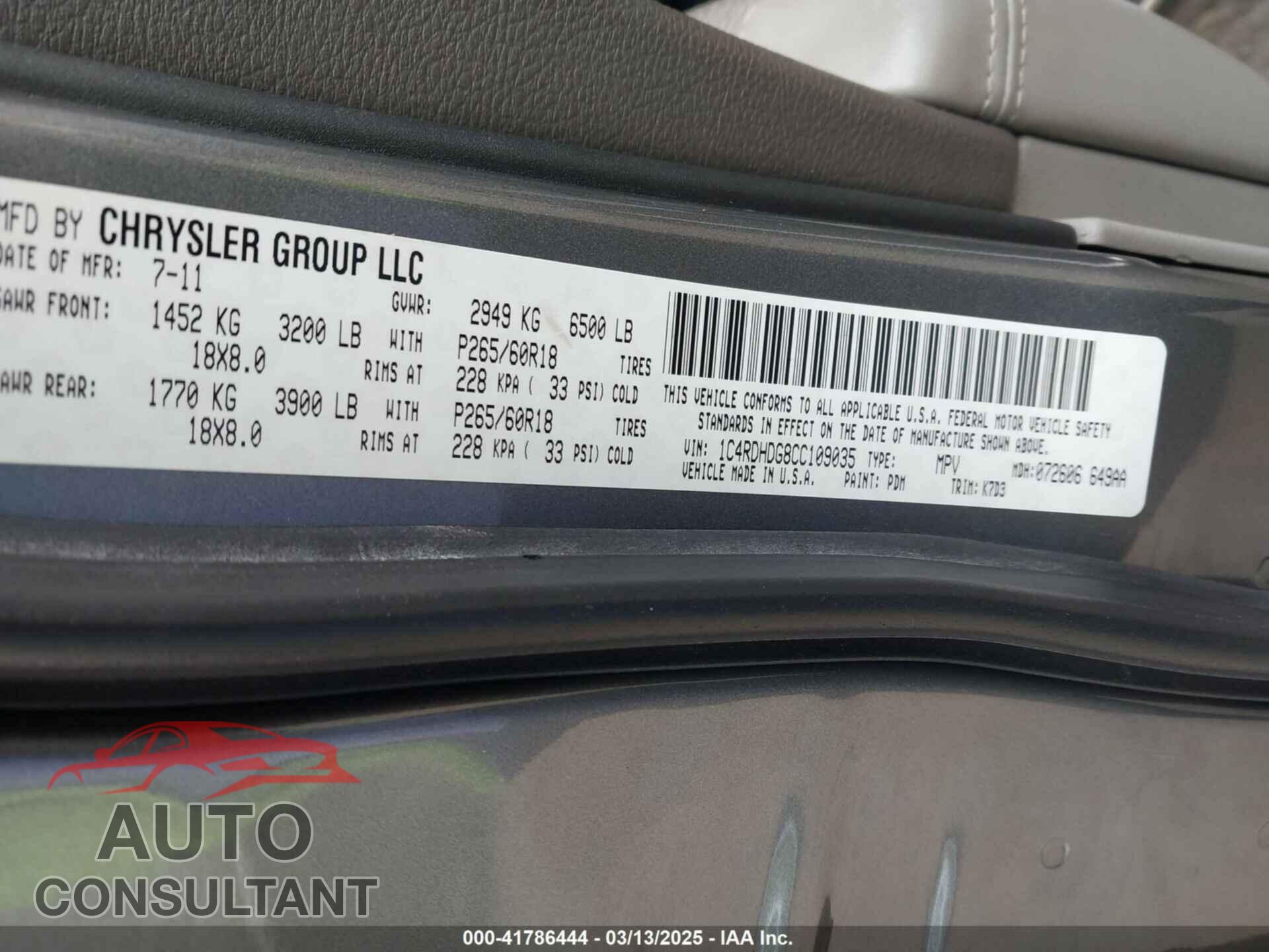DODGE DURANGO 2012 - 1C4RDHDG8CC109035