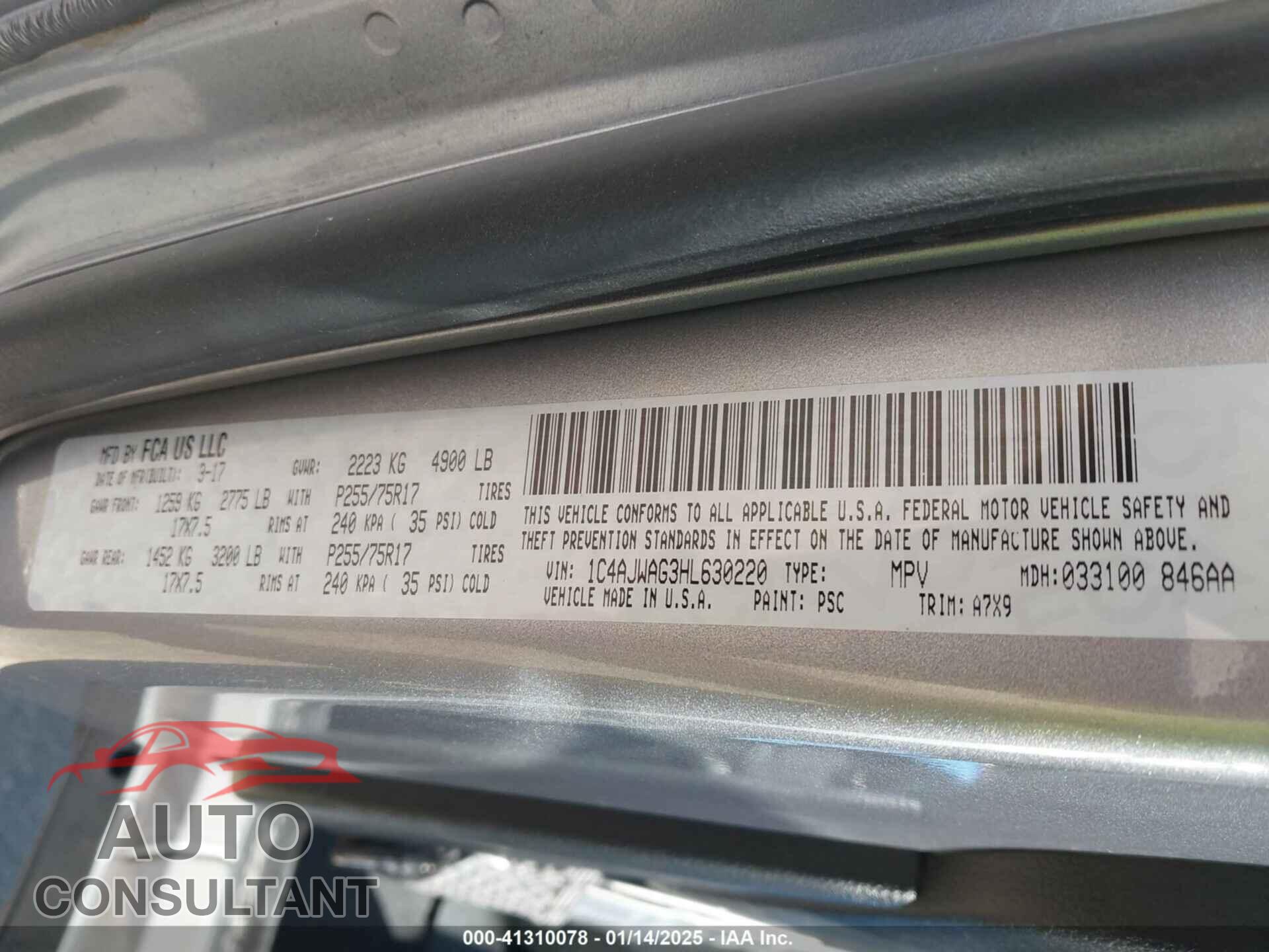 JEEP WRANGLER 2017 - 1C4AJWAG3HL630220