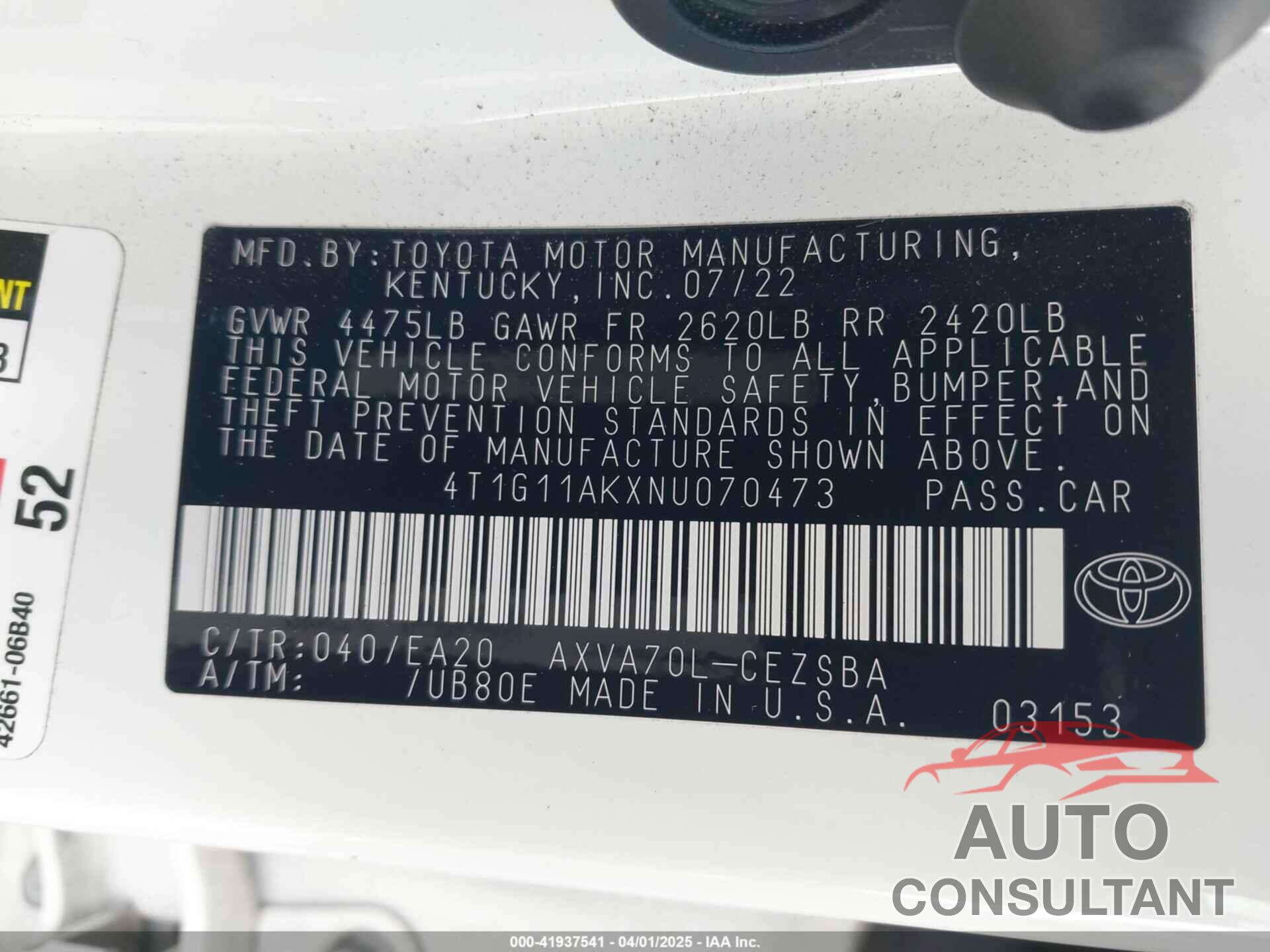 TOYOTA CAMRY 2022 - 4T1G11AKXNU070473