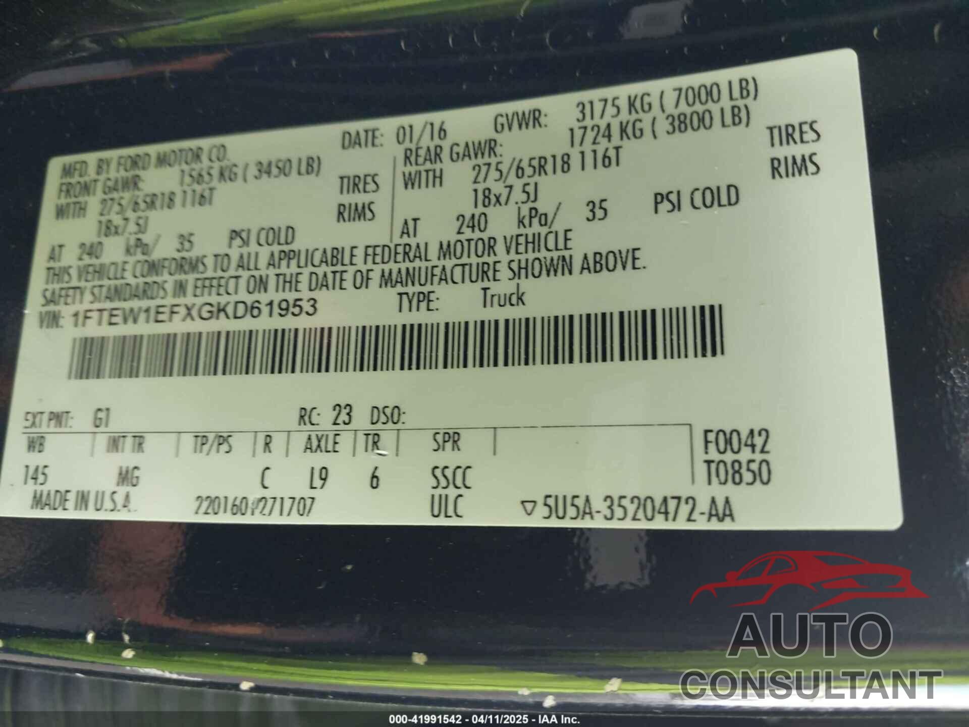 FORD F-150 2016 - 1FTEW1EFXGKD61953