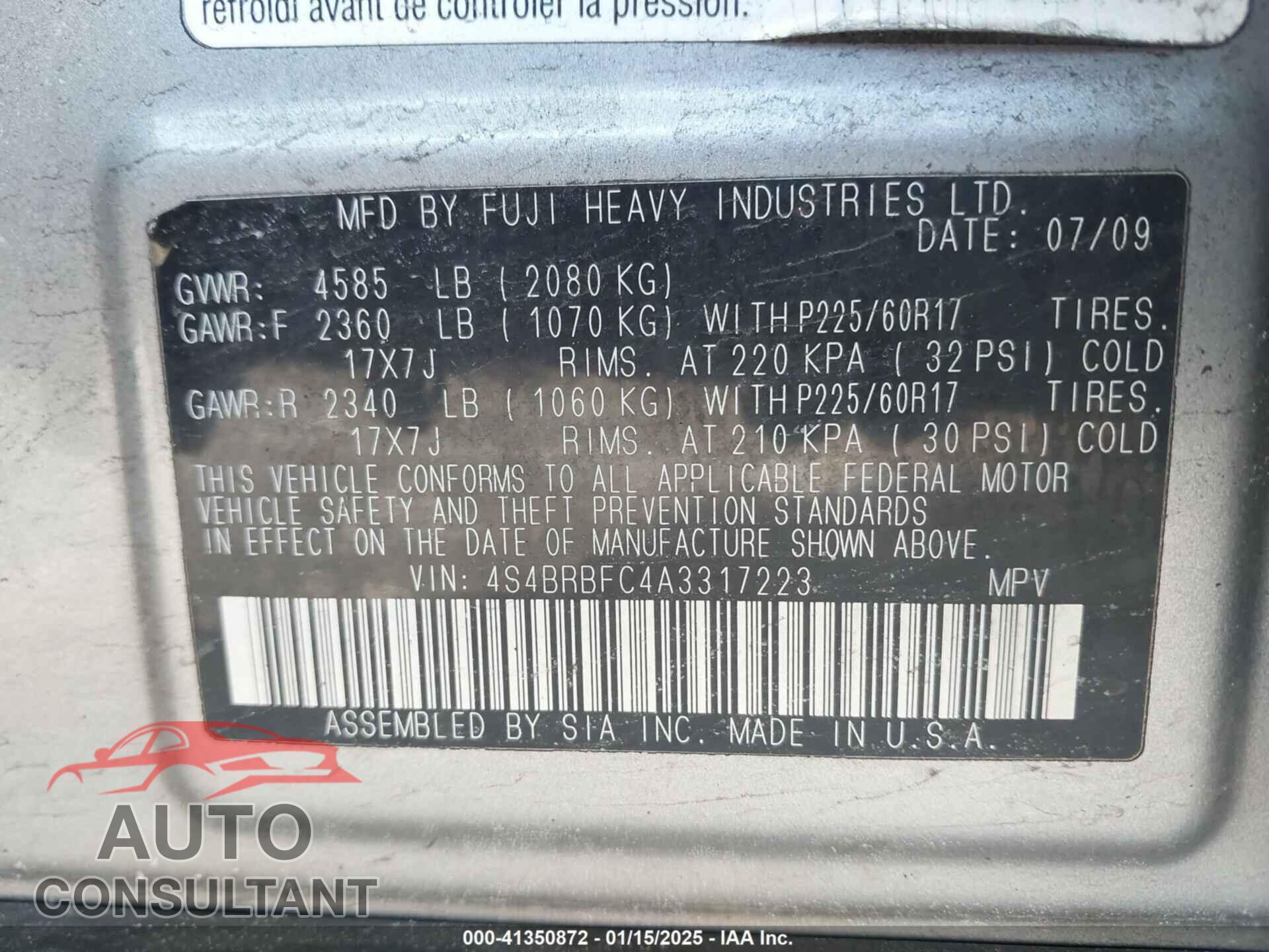 SUBARU OUTBACK 2010 - 4S4BRBFC4A3317223
