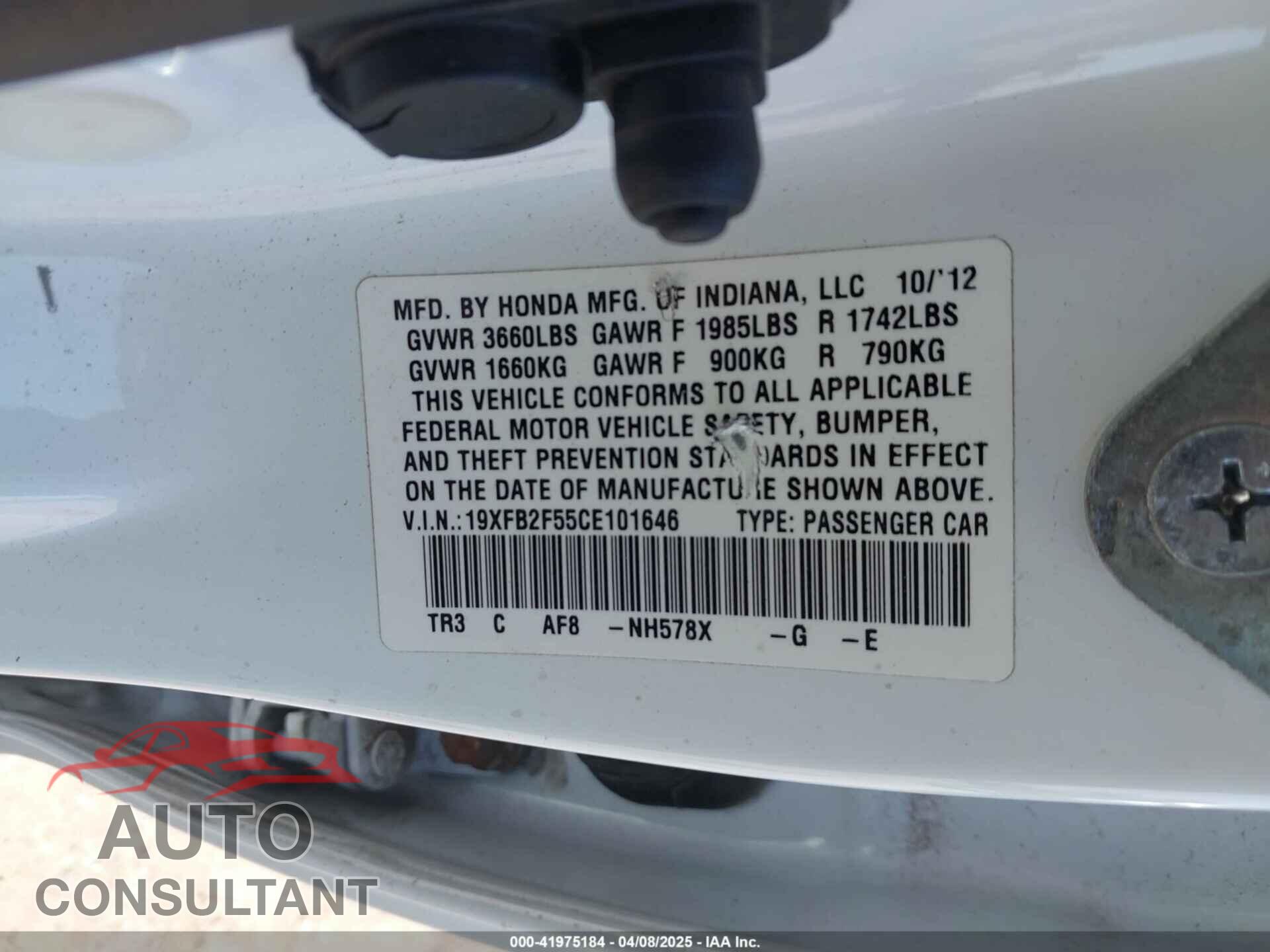 HONDA CIVIC 2012 - 19XFB2F55CE101646