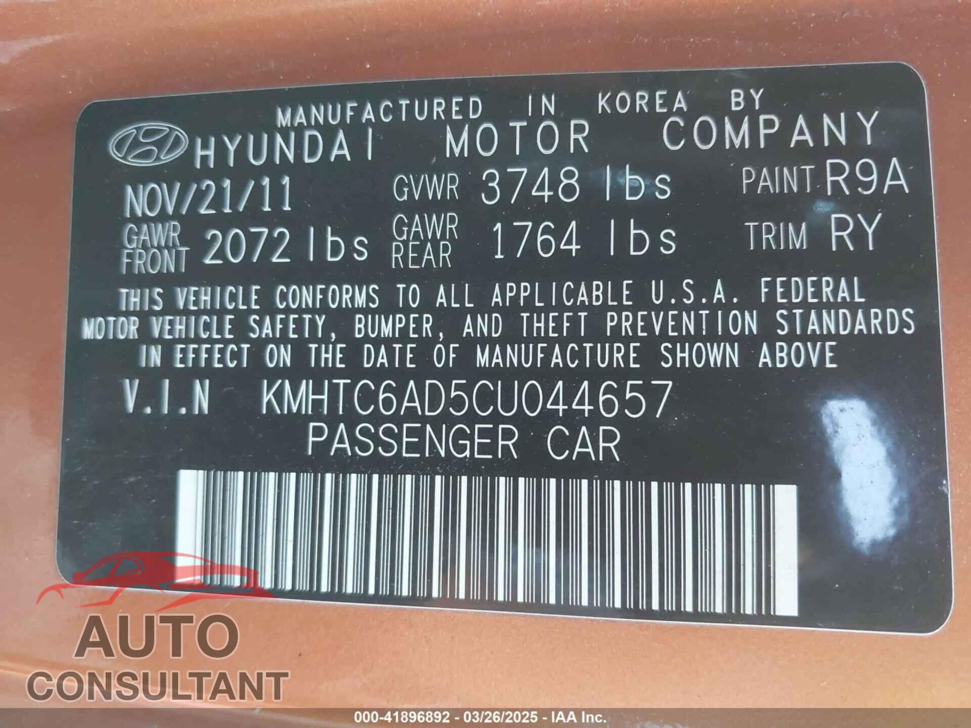 HYUNDAI VELOSTER 2012 - KMHTC6AD5CU044657