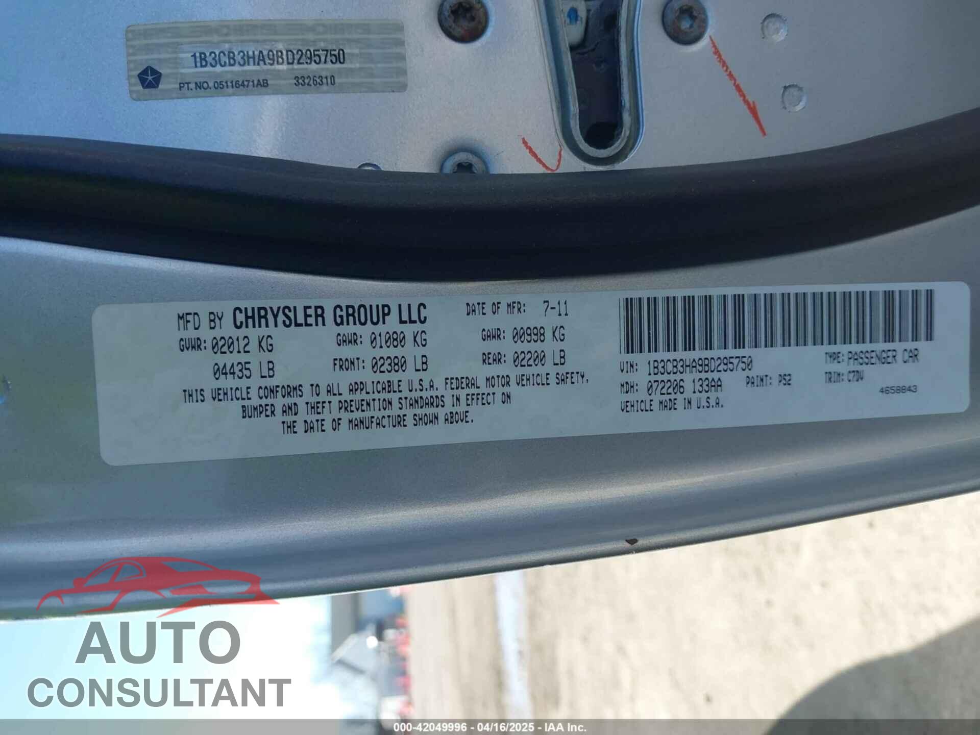 DODGE CALIBER 2011 - 1B3CB3HA9BD295750