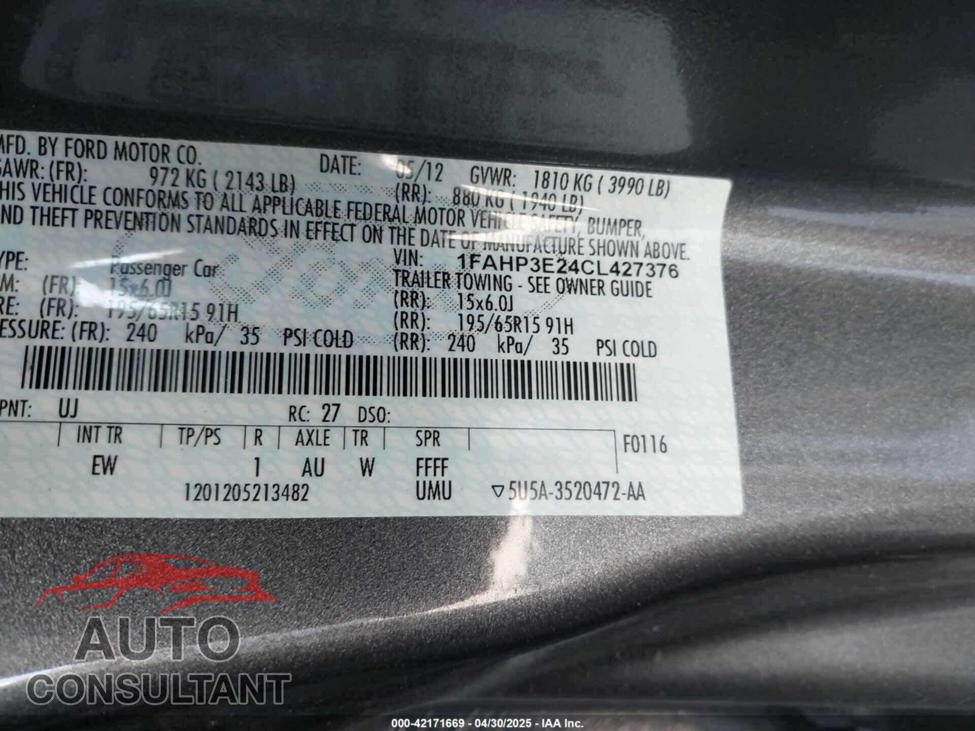 FORD FOCUS 2012 - 1FAHP3E24CL427376
