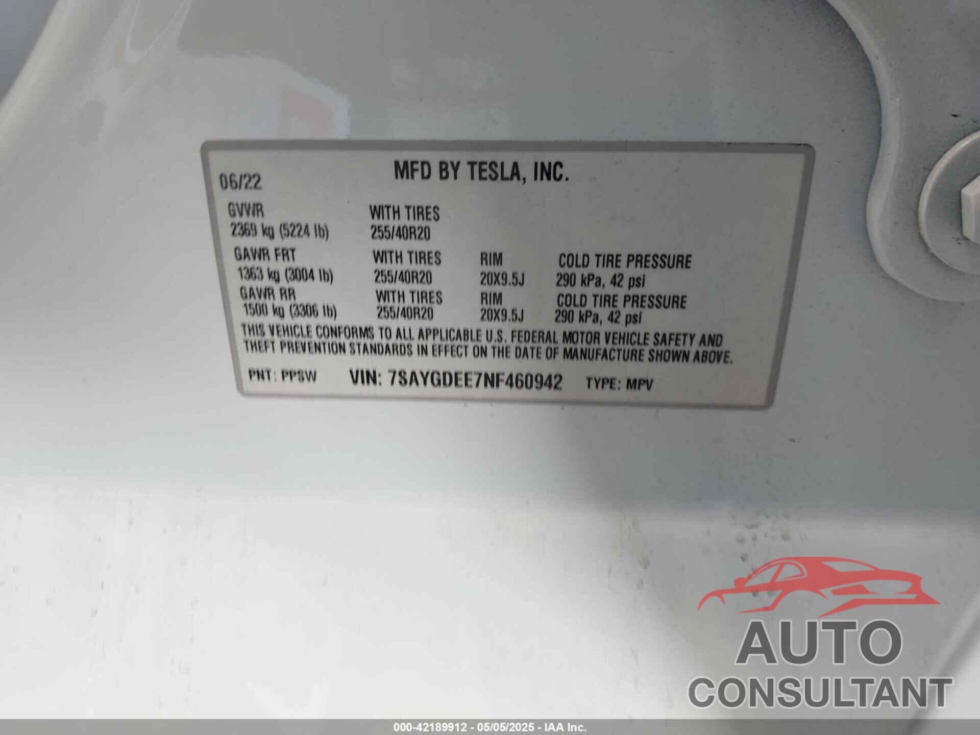 TESLA MODEL Y 2022 - 7SAYGDEE7NF460942