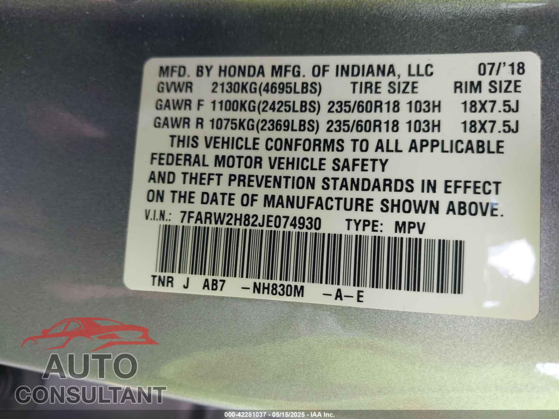 HONDA CR-V 2018 - 7FARW2H82JE074930