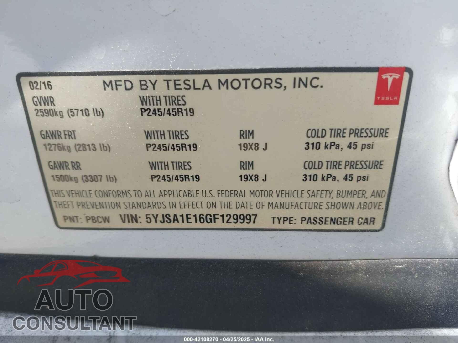 TESLA MODEL S 2016 - 5YJSA1E16GF129997