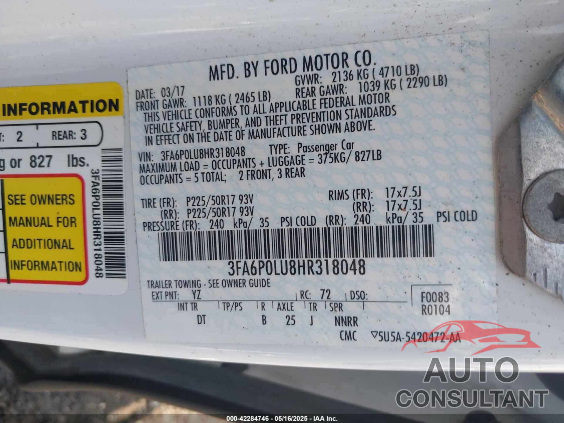 FORD FUSION HYBRID 2017 - 3FA6P0LU8HR318048