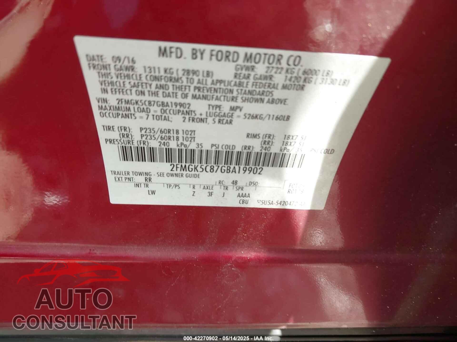 FORD FLEX 2016 - 2FMGK5C87GBA19902