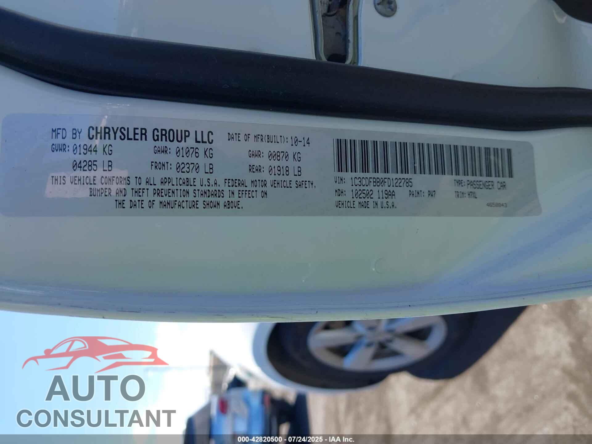 DODGE DART 2015 - 1C3CDFBB0FD122785