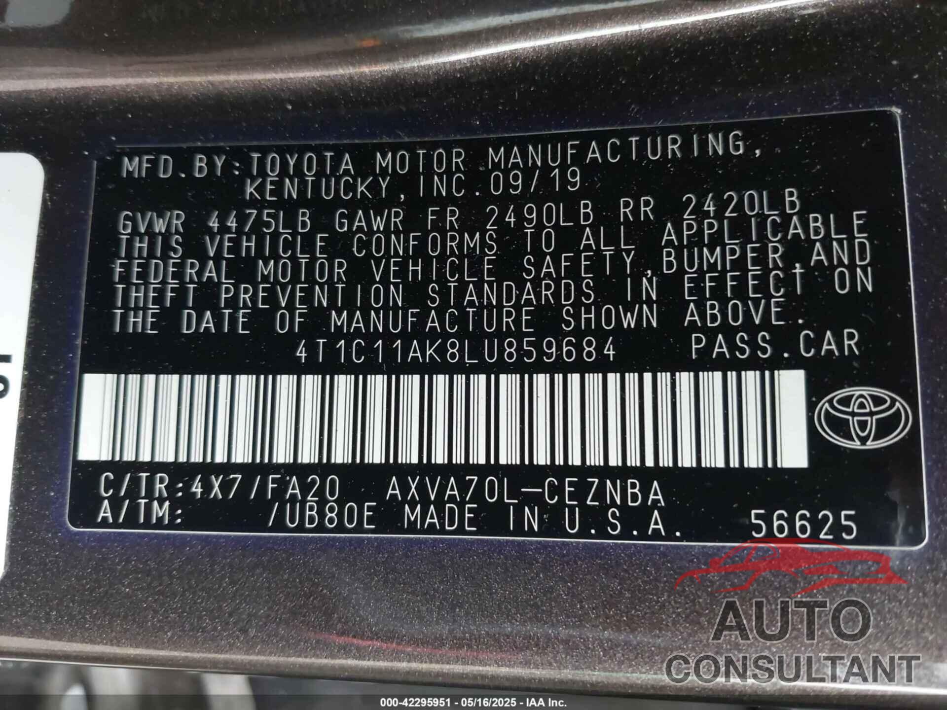 TOYOTA CAMRY 2020 - 4T1C11AK8LU859684