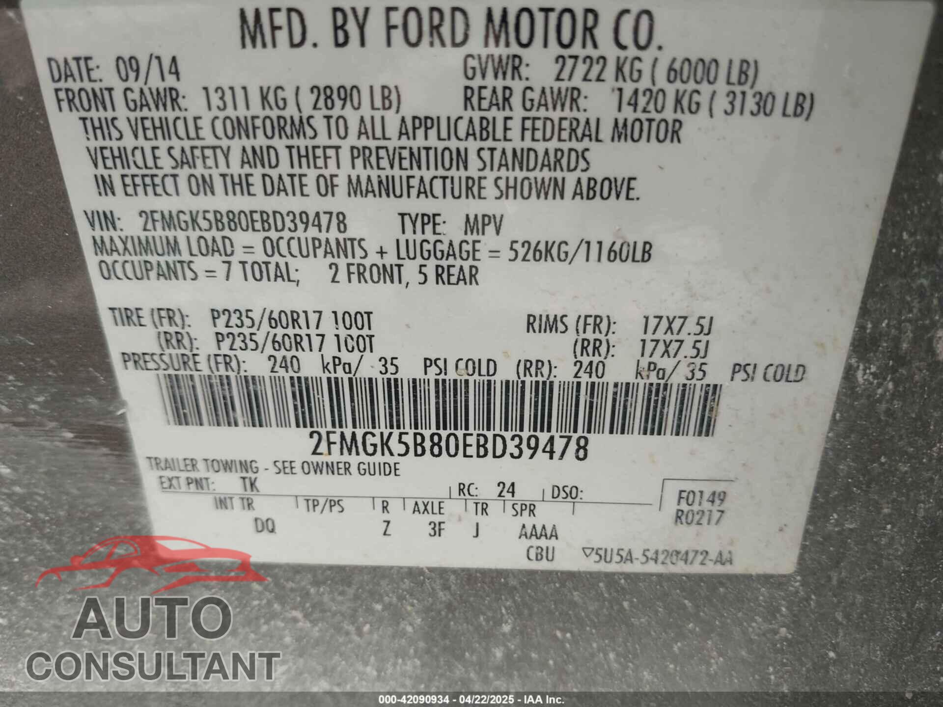 FORD FLEX 2014 - 2FMGK5B80EBD39478