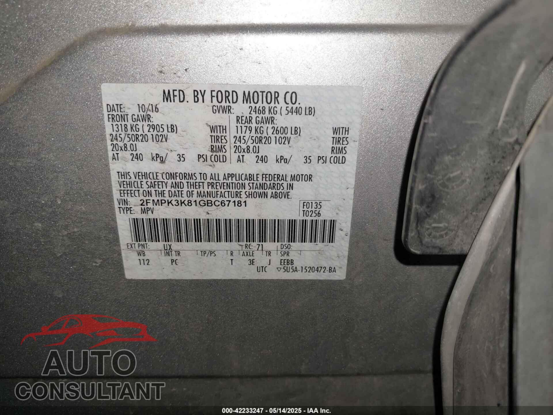 FORD EDGE 2016 - 2FMPK3K81GBC67181