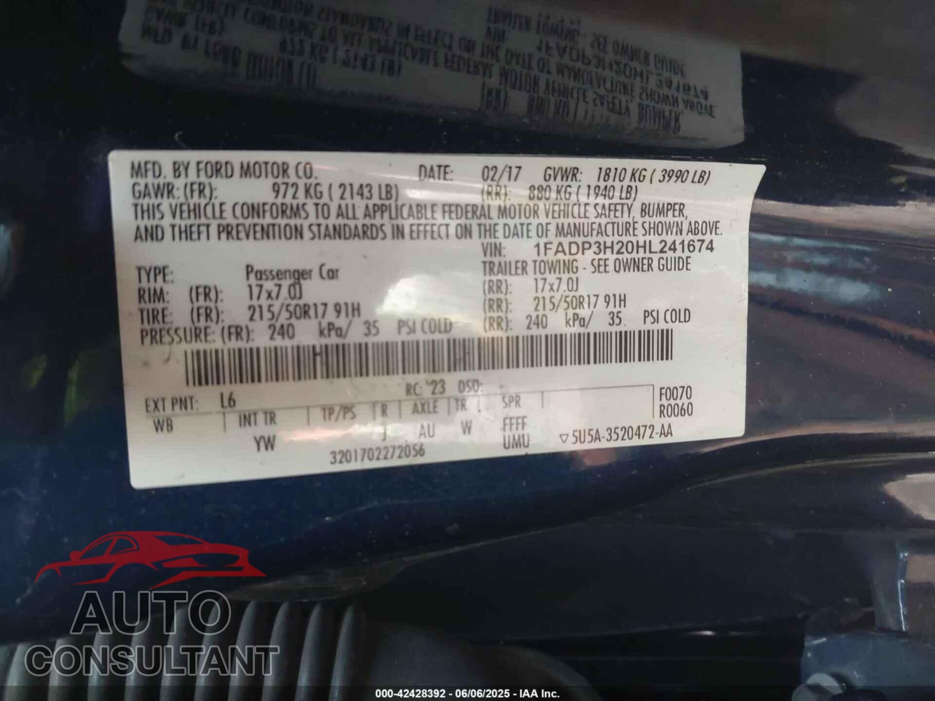 FORD FOCUS 2017 - 1FADP3H20HL241674