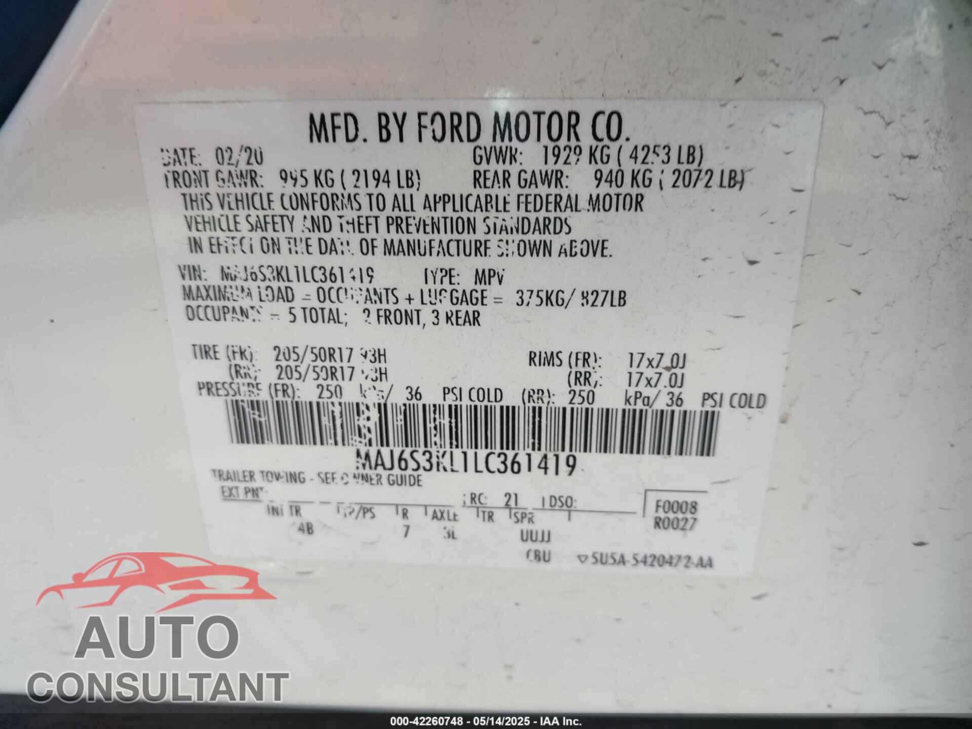 FORD ECOSPORT 2020 - MAJ6S3KL1LC361419