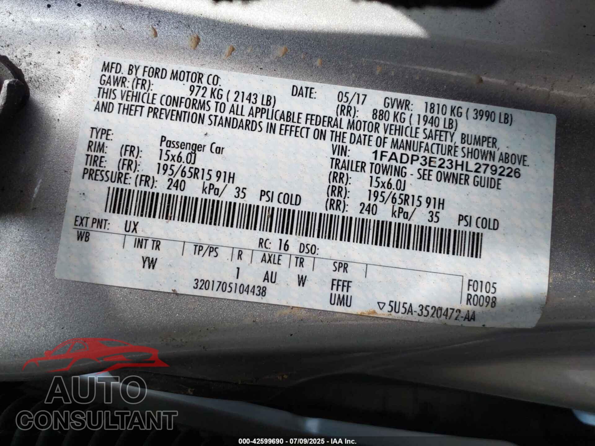 FORD FOCUS 2017 - 1FADP3E23HL279226