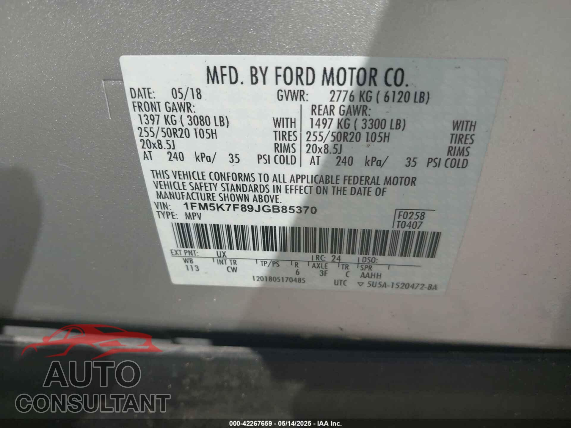 FORD EXPLORER 2018 - 1FM5K7F89JGB85370