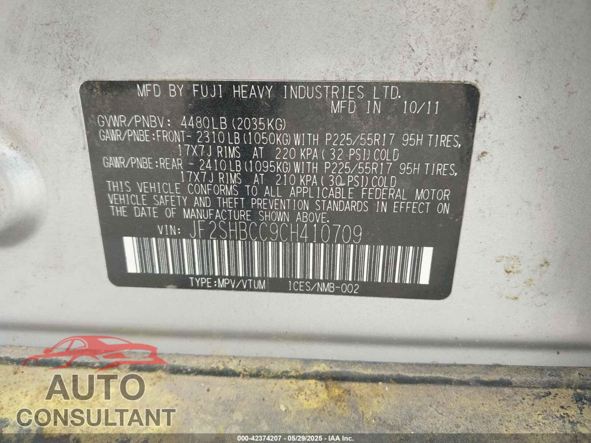 SUBARU FORESTER 2012 - JF2SHBCC9CH410709