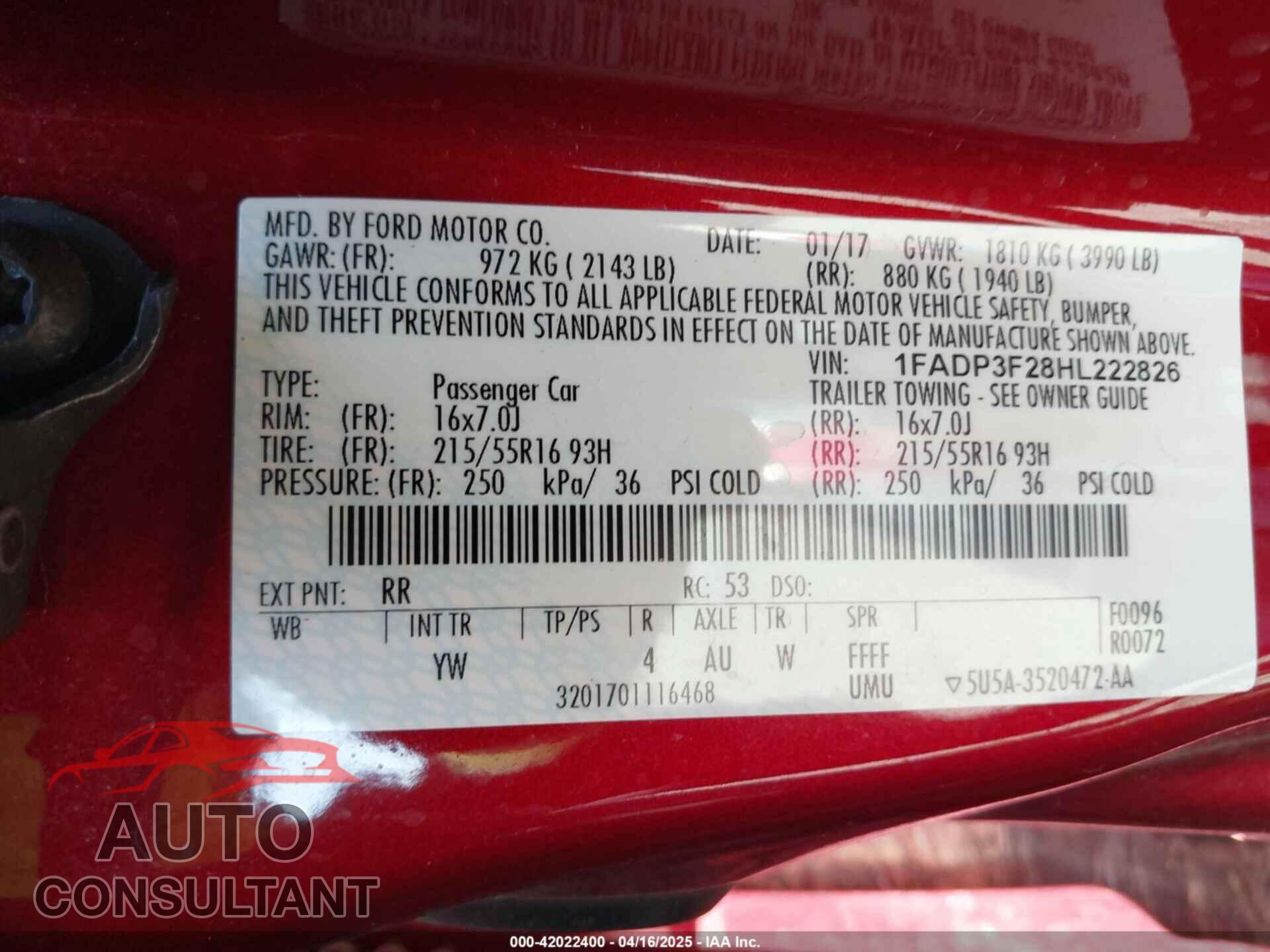 FORD FOCUS 2017 - 1FADP3F28HL222826
