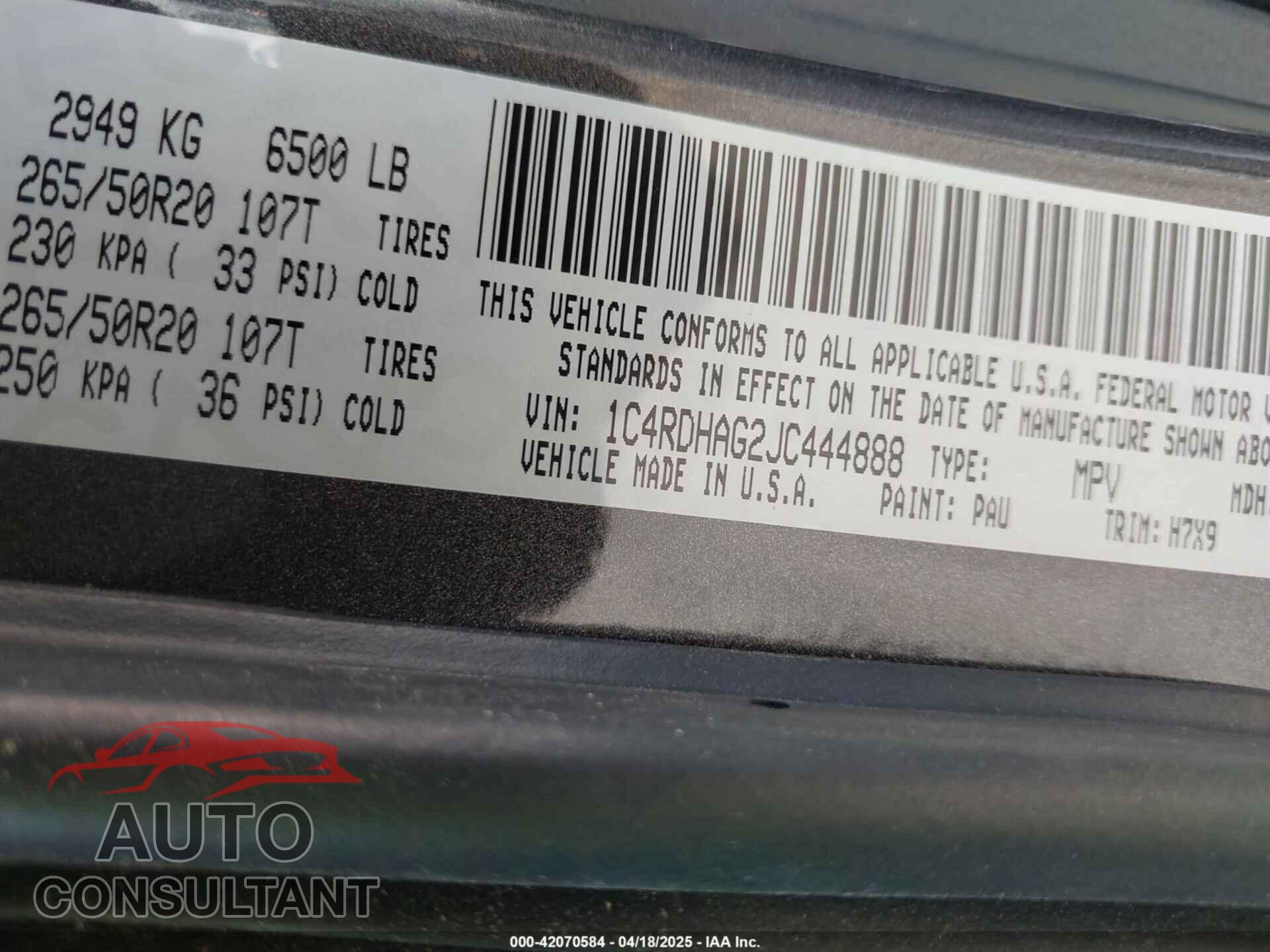 DODGE DURANGO 2018 - 1C4RDHAG2JC444888