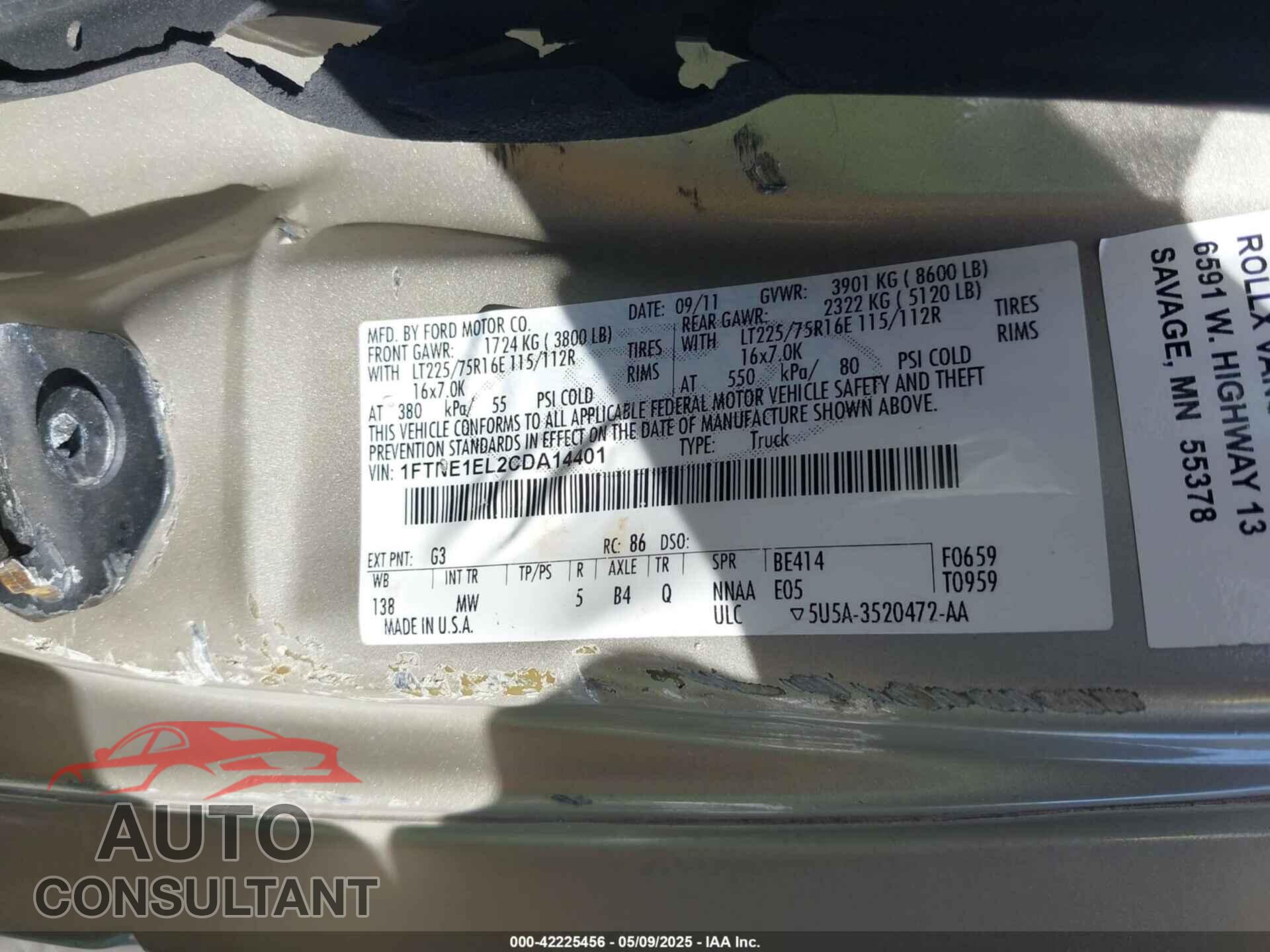 FORD E-150 2012 - 1FTNE1EL2CDA14401